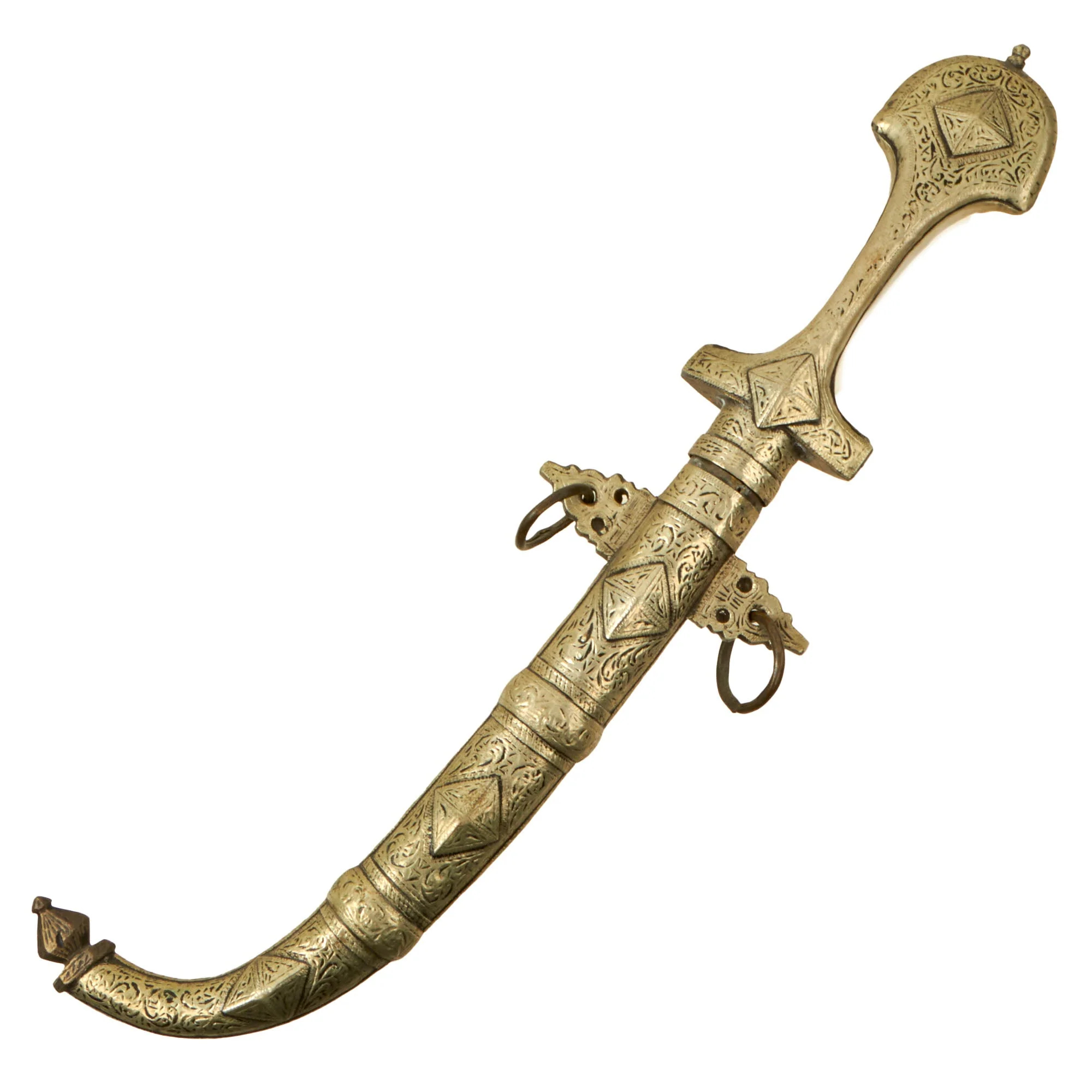 Original 19th Century North African - Arabian Jambiya Dagger with Embossed Brass & Silver Clad Hilt & Scabbard - Circa 1850 - Image 3