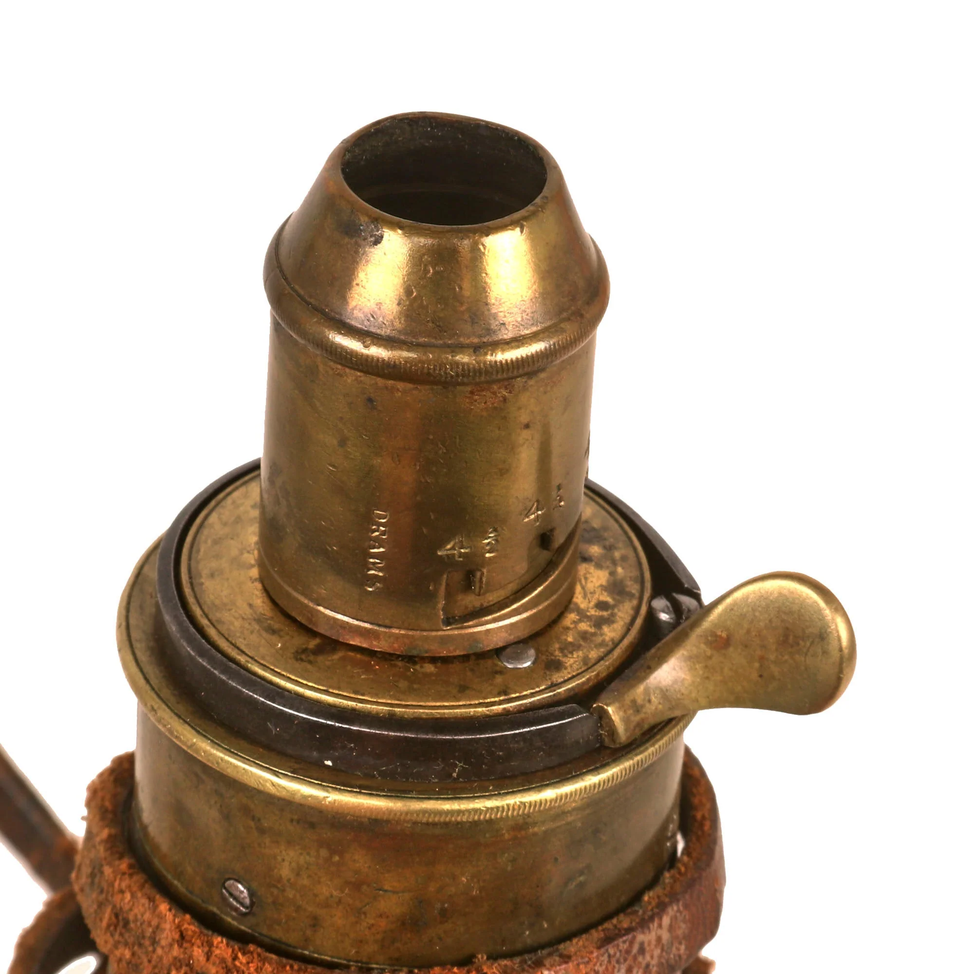 Original British U.S. Civil War Era 1850s Large Brass Powder Flask by Dixon of Sheffield  with Original Leather Carrying Strap - Image 3