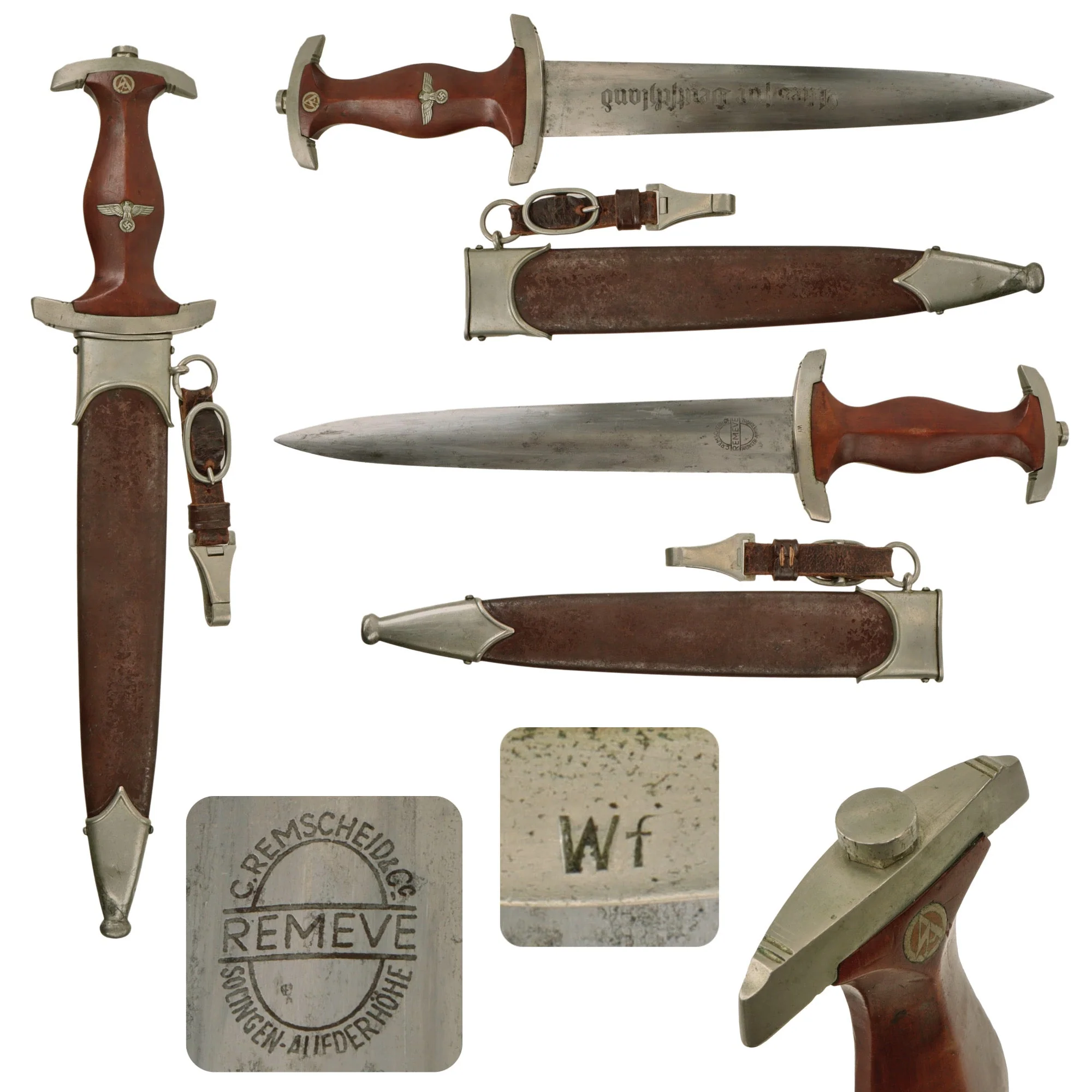 Original German Early WWII SA Dagger by Rare Maker Cuno Remscheid & Co. with Scabbard & Hanger - McSARR Rarity Rated 7 of 10