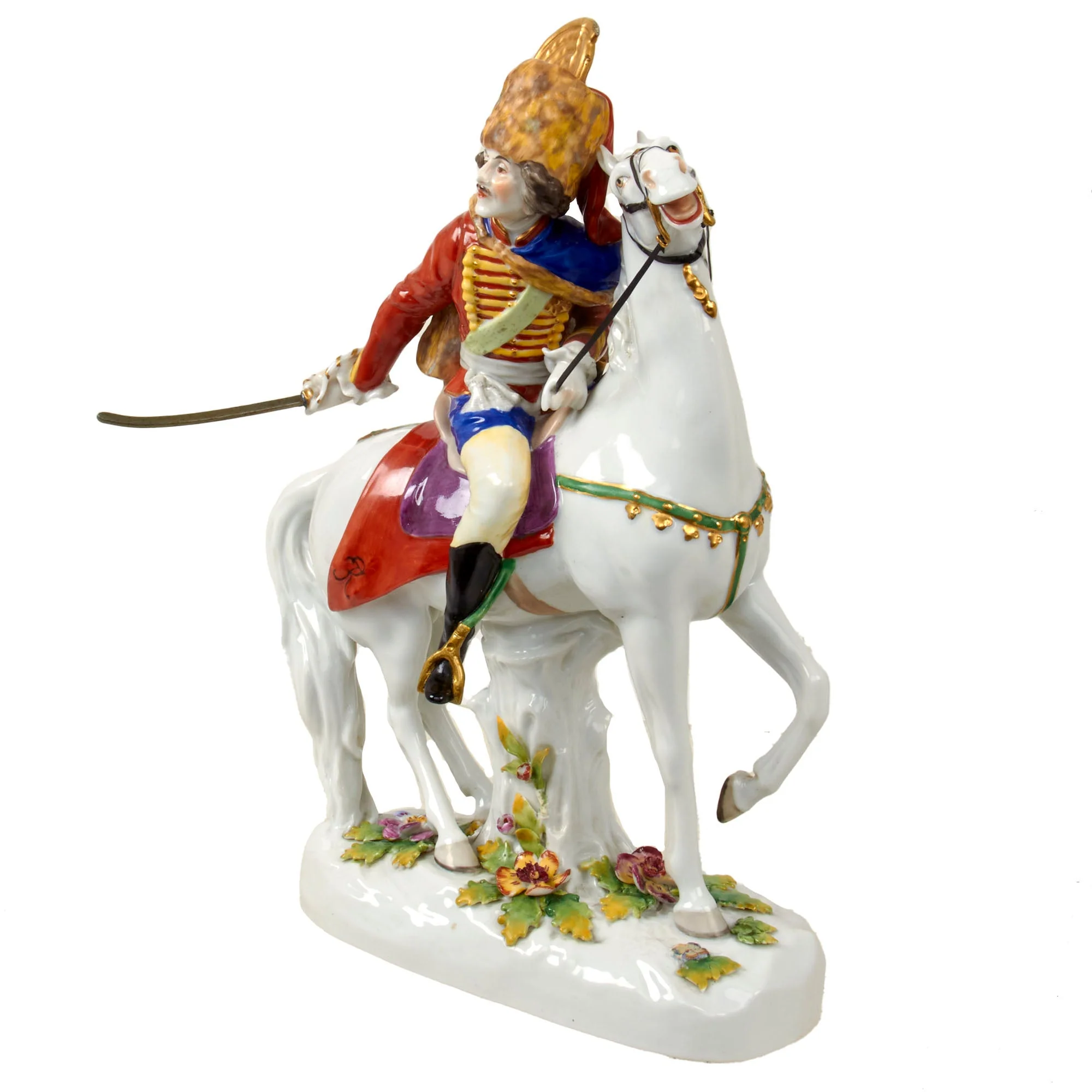 Original German Pre-WWII Porcelain Equestrian Death’s Head Hussar with Sword Drawn - 11¼” Tall - Image 2