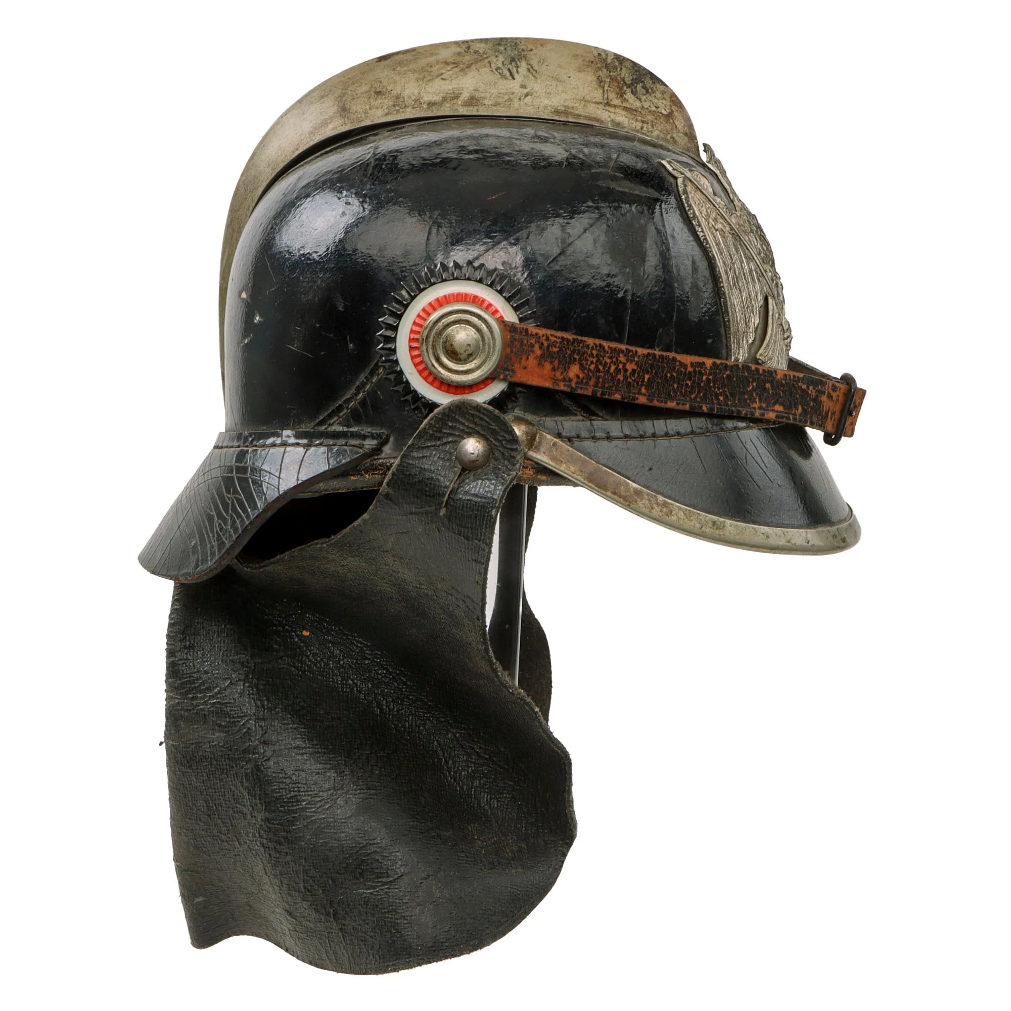 Original German Pre-WWII Prussian Fire Brigade Leather Pickelhaube Helmet with Cockades and Neck Cape - Rare - Image 3