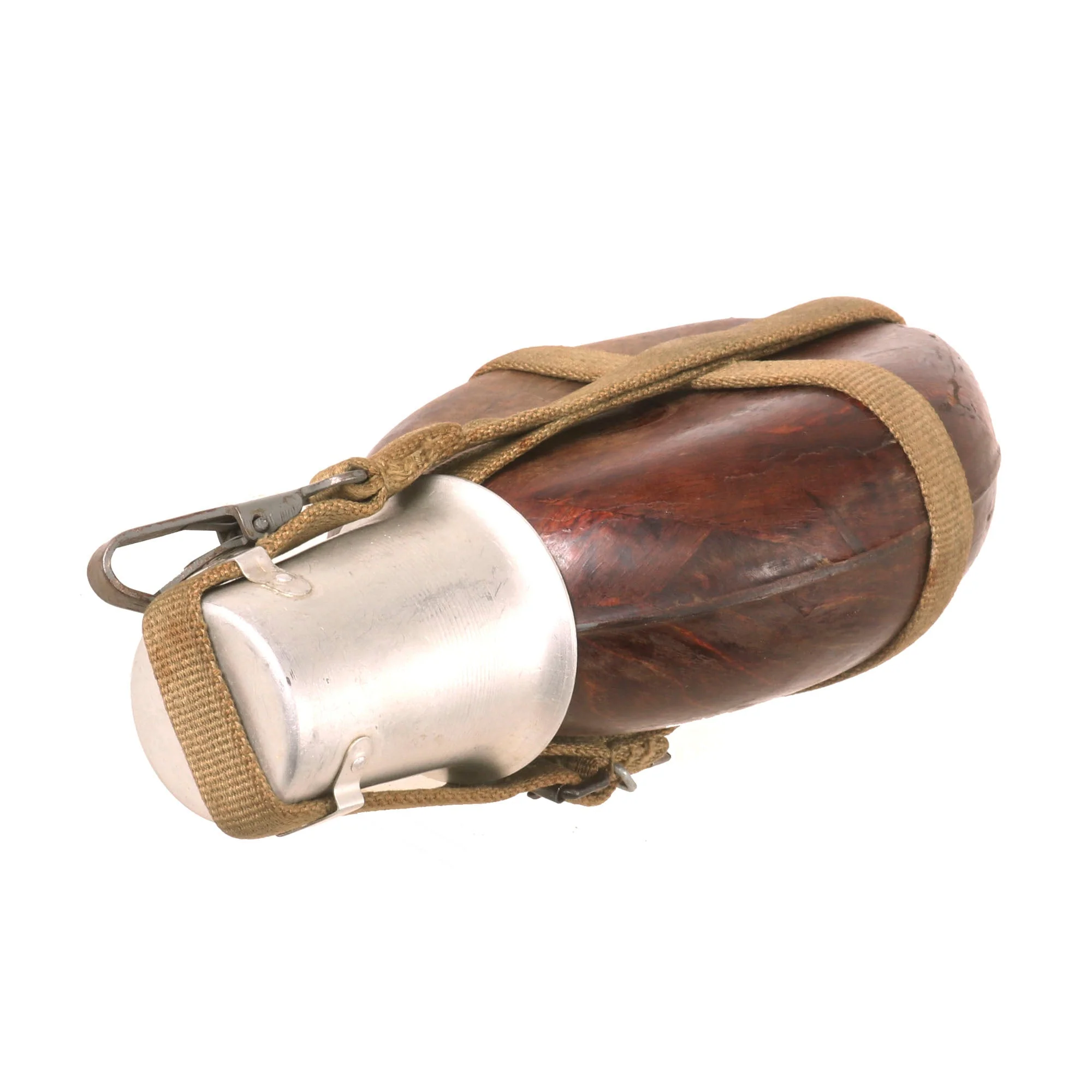 Original German WWII Afrikakorps Coconut Canteen by Ritter with 1945-Dated Cup and Canvas Harness - Image 5