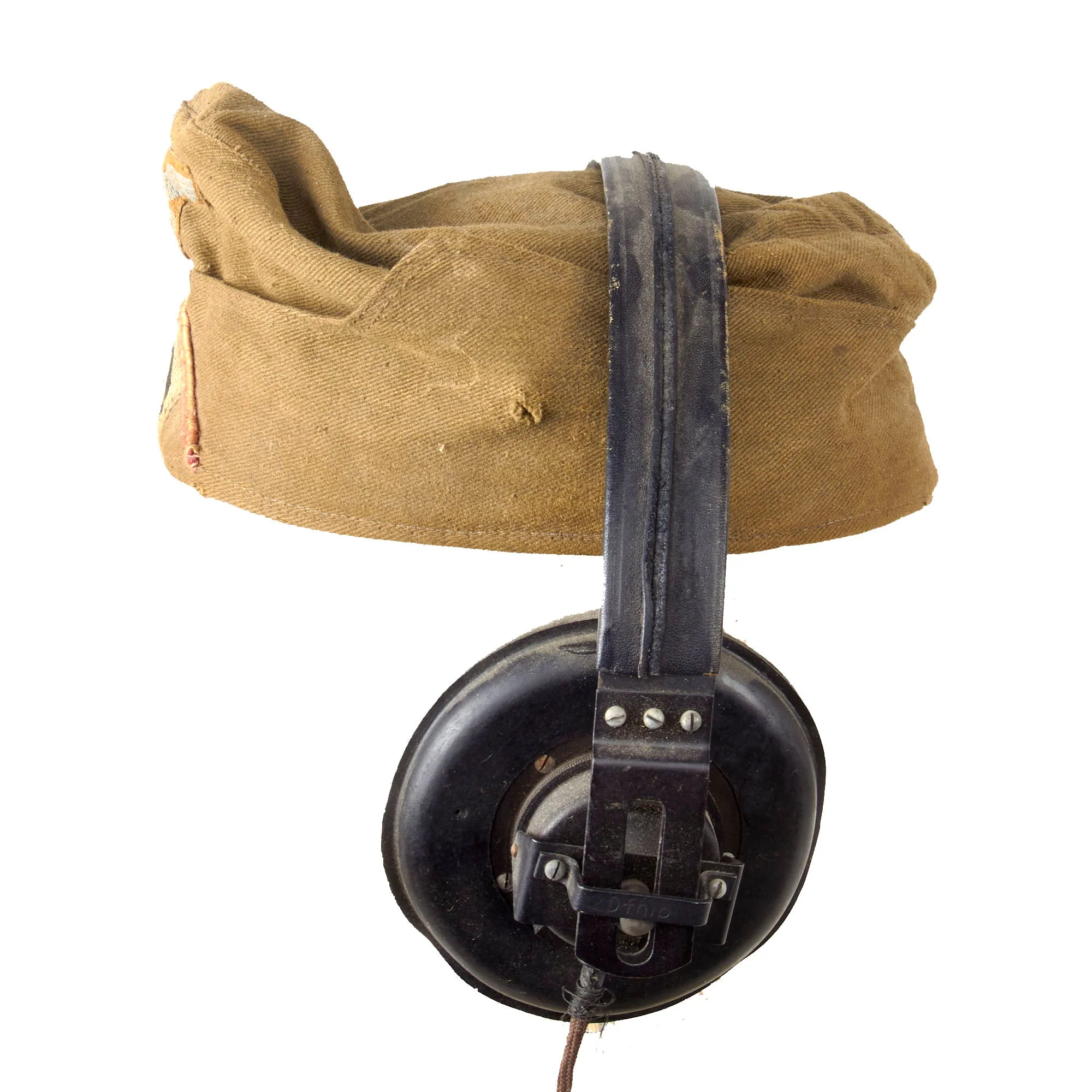 Original German WWII DAK Afrikakorps Panzer EM-NCO M38 Overseas Cap Size 54cm with Armored Vehicle Model B Headset - Image 8