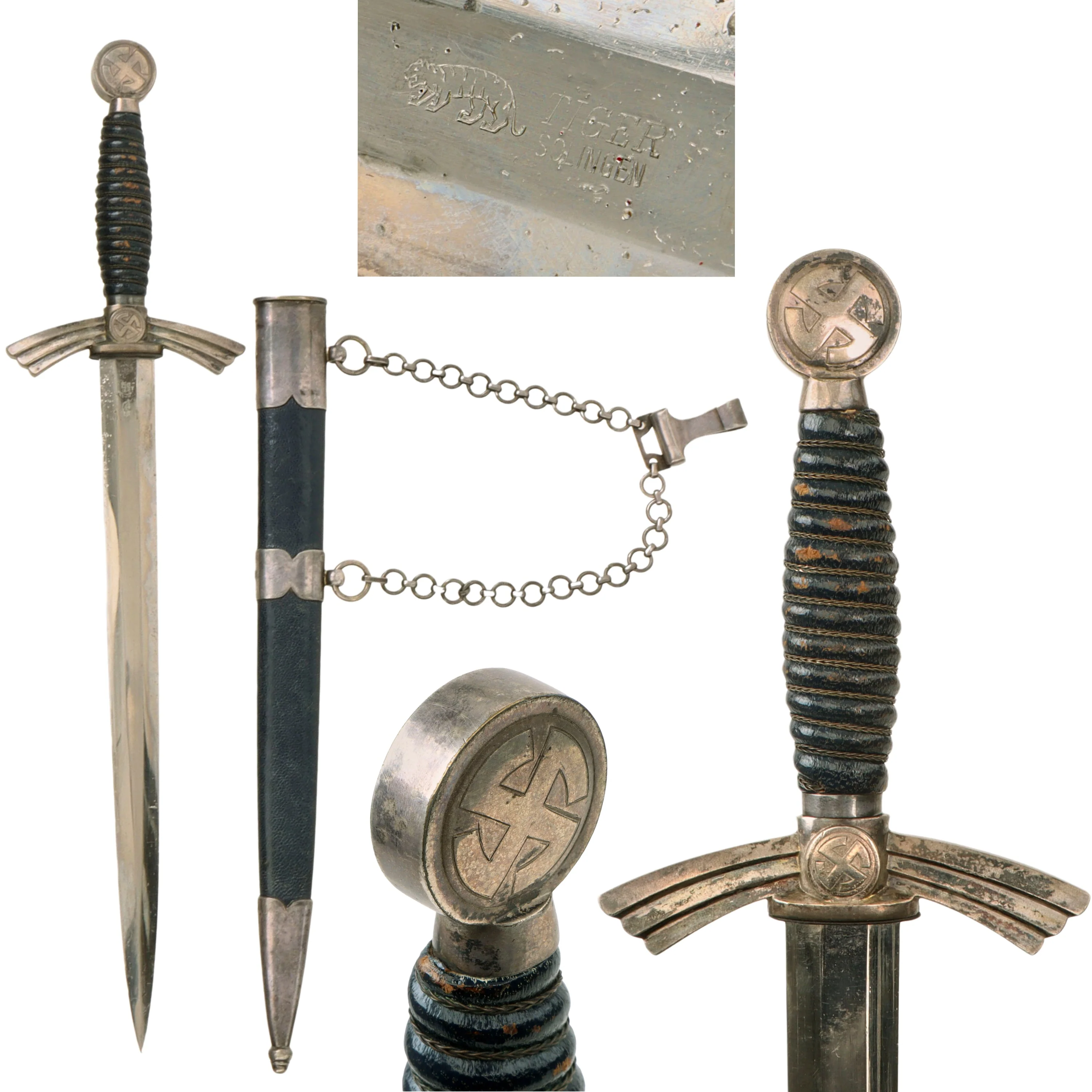 Original German WWII Early 1st Model Luftwaffe Dagger by TIGER Lauterjung & Co. with Chain & Belt Clip