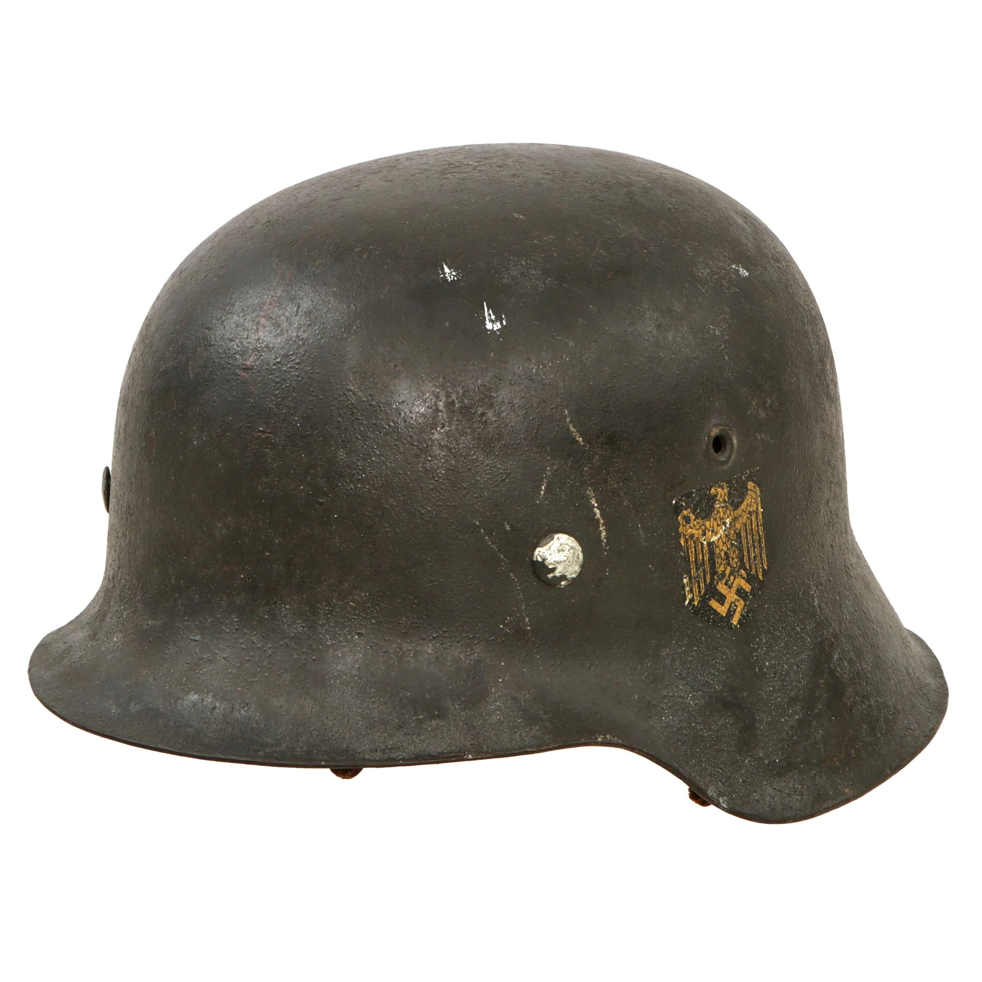 Original German WWII Heer Army Age Toned Single Decal M42 Helmet with 1940 Dated 57cm Liner and Broken Chinstrap - Stamped EF64 - Image 3