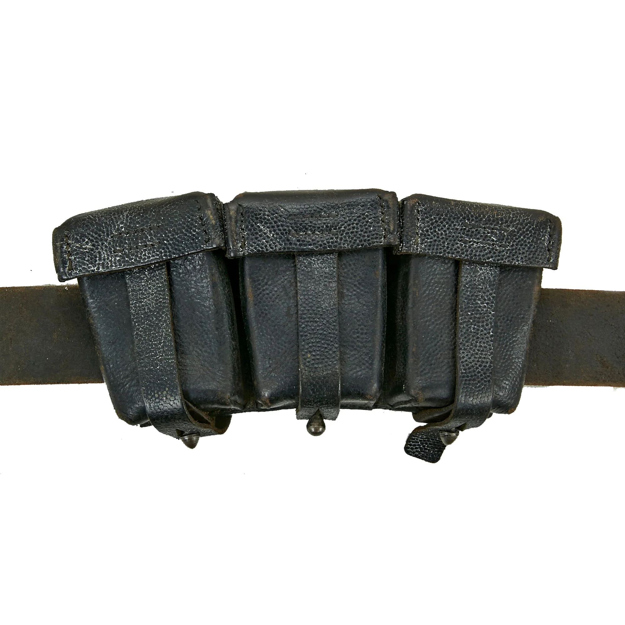 Original German WWII Heer Army EM/NCO Belt with Pebbled Aluminum Buckle by Overhoff & Cie and Two K98 Pouches - Image 10