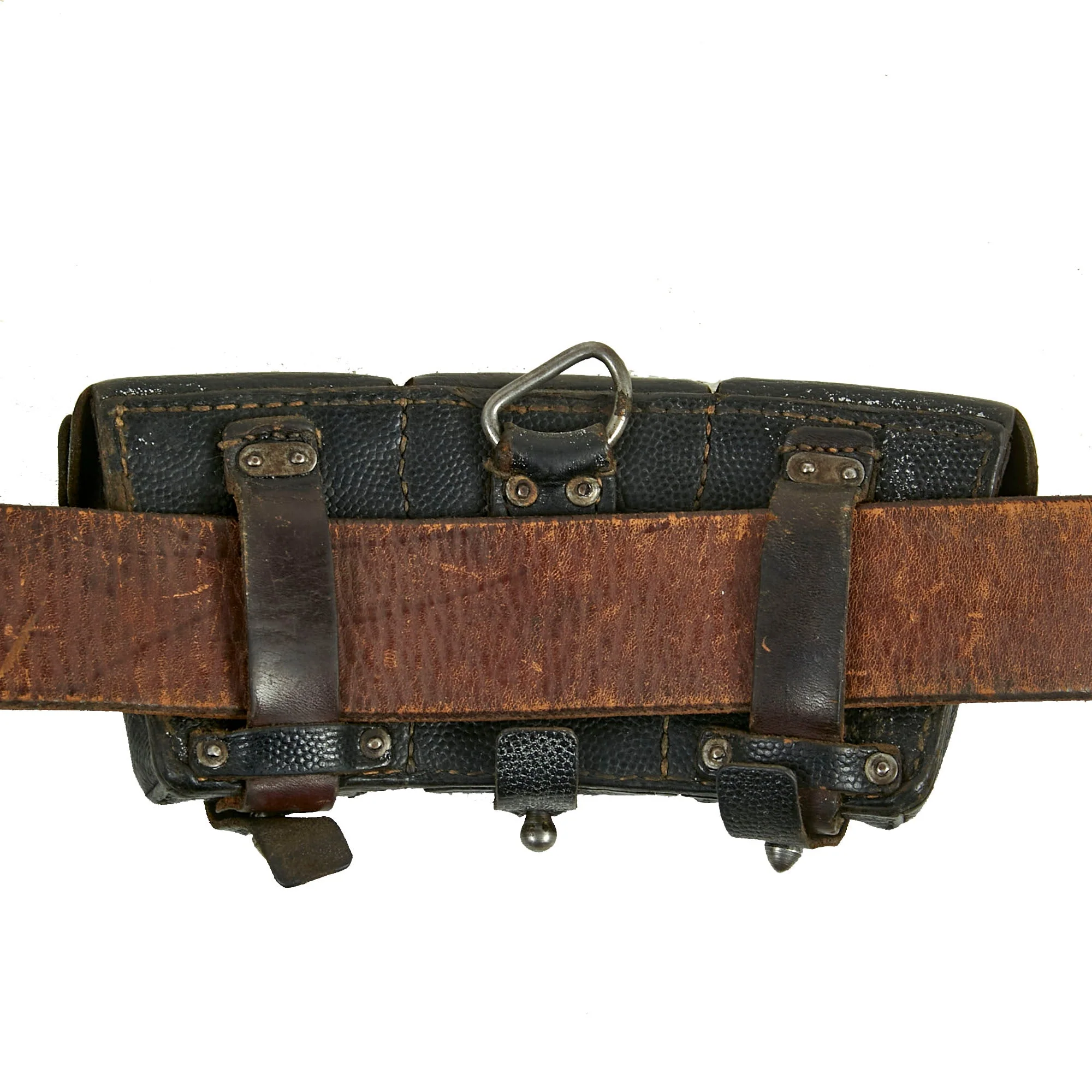 Original German WWII Heer Army EM/NCO Belt with Pebbled Aluminum Buckle by Overhoff & Cie and Two K98 Pouches - Image 5