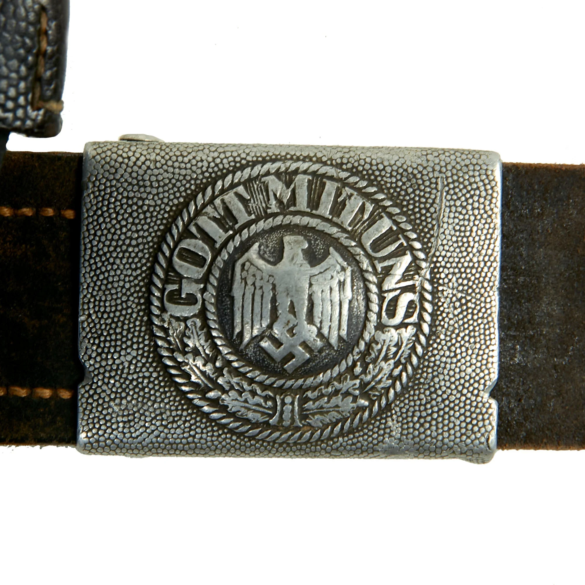 Original German WWII Heer Army EM/NCO Belt with Pebbled Aluminum Buckle by Overhoff & Cie and Two K98 Pouches - Image 9