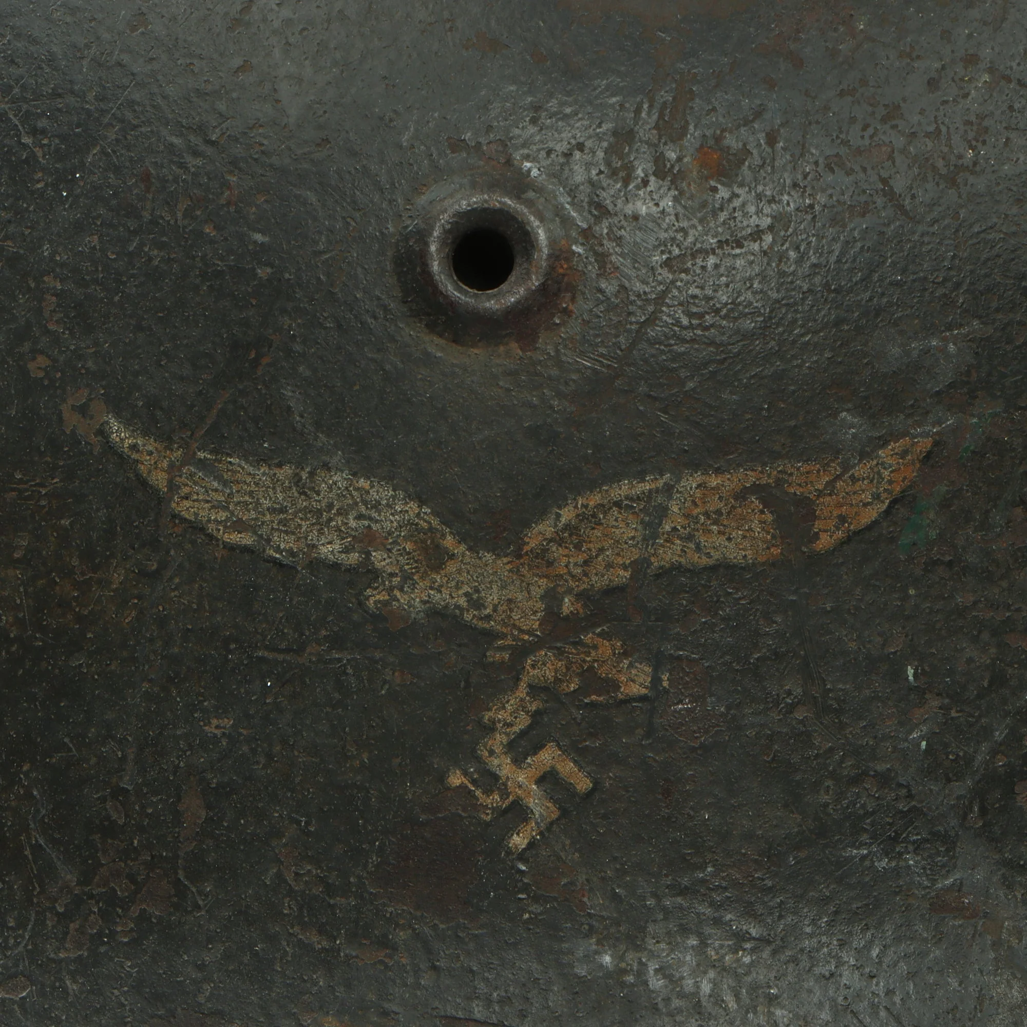 Original German WWII Luftwaffe M42 Single Decal Helmet with Post War Replaced Liner Leather - Size 66 Shell - Image 6