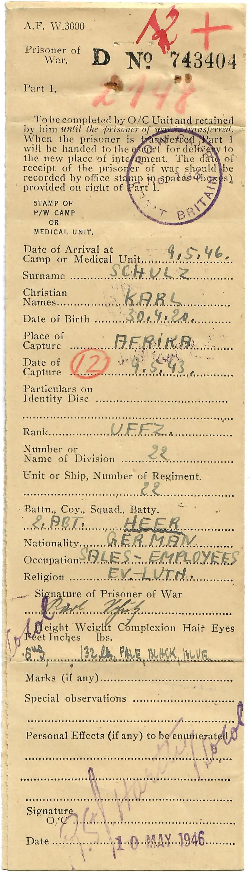 Original German WWII Prisoner of War Paperwork Group with U.S. POW Forms & Index Card - Karl Schulz - Image 3