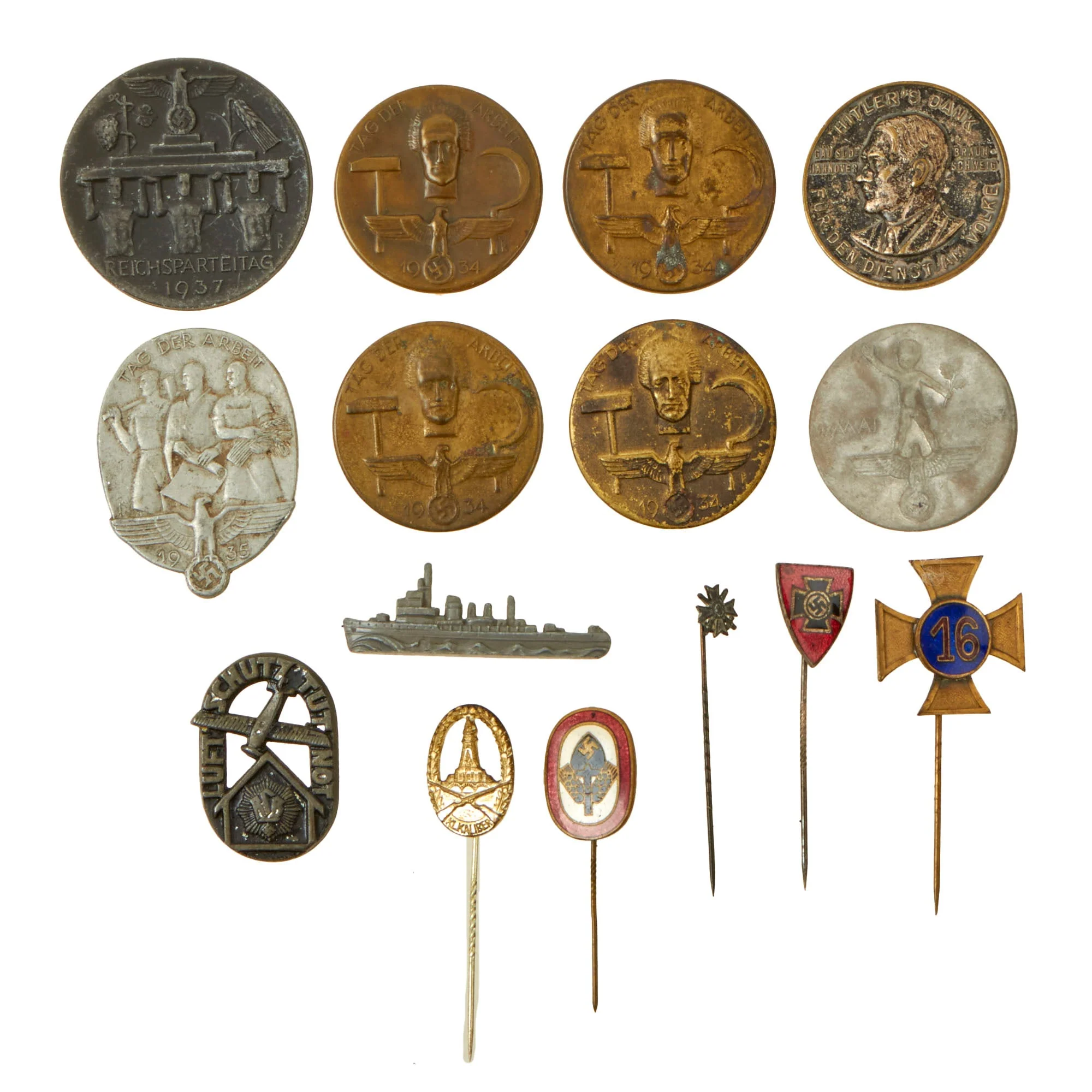 Original German WWII USGI Bring Back Tinnie Event Badge and Stickpin Grouping - 15 Items