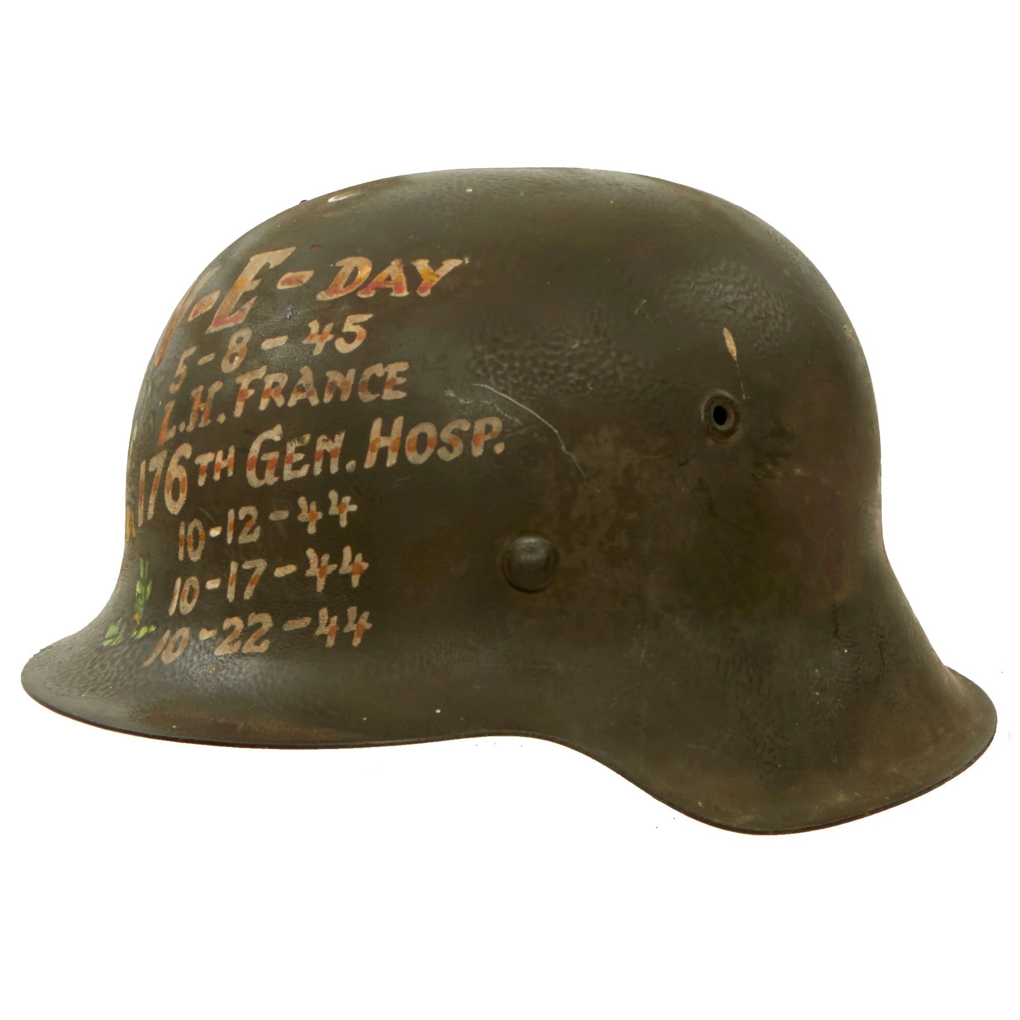 Original German WWII USGI Decorated 176th General Hospital M42 Army Heer Helmet with Inscribed Relic Liner - Stamped NS64 - Image 5