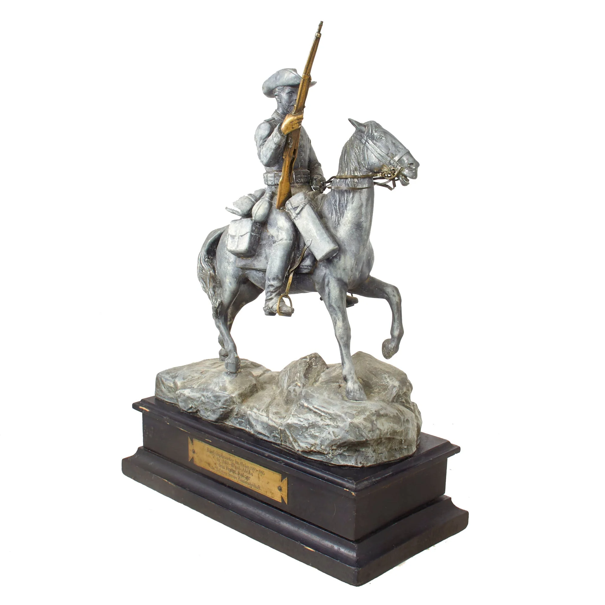 Original Imperial German Herero Wars Schutztruppen Equestrian Bronze Statue with Dedication to Captain Salzer - 19½” Tall - Image 3