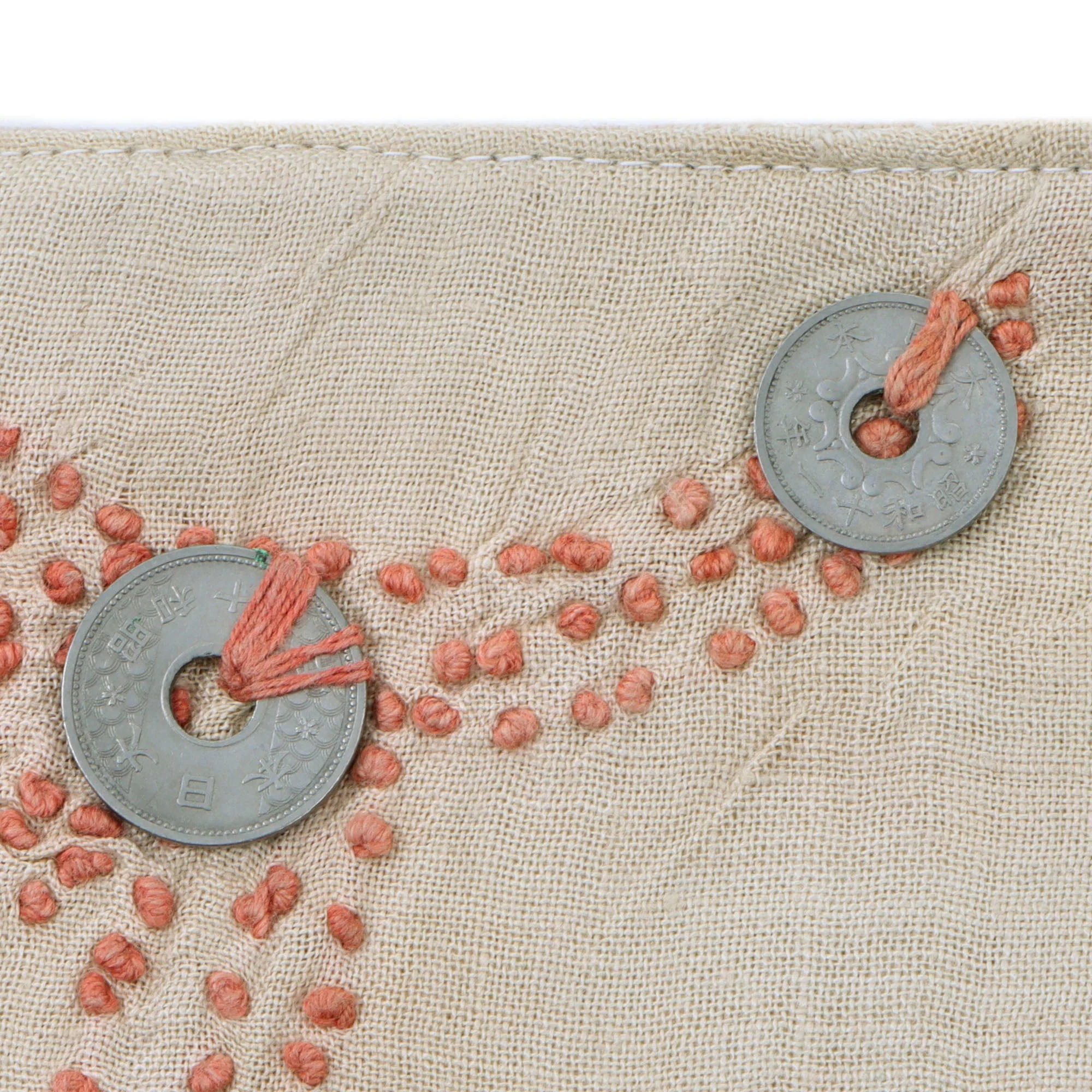 Original Japanese WWII Tiger Senninbari 1000 Stitch Belt with 6 Stitched Coins - 36 ½ x 6” - Image 5