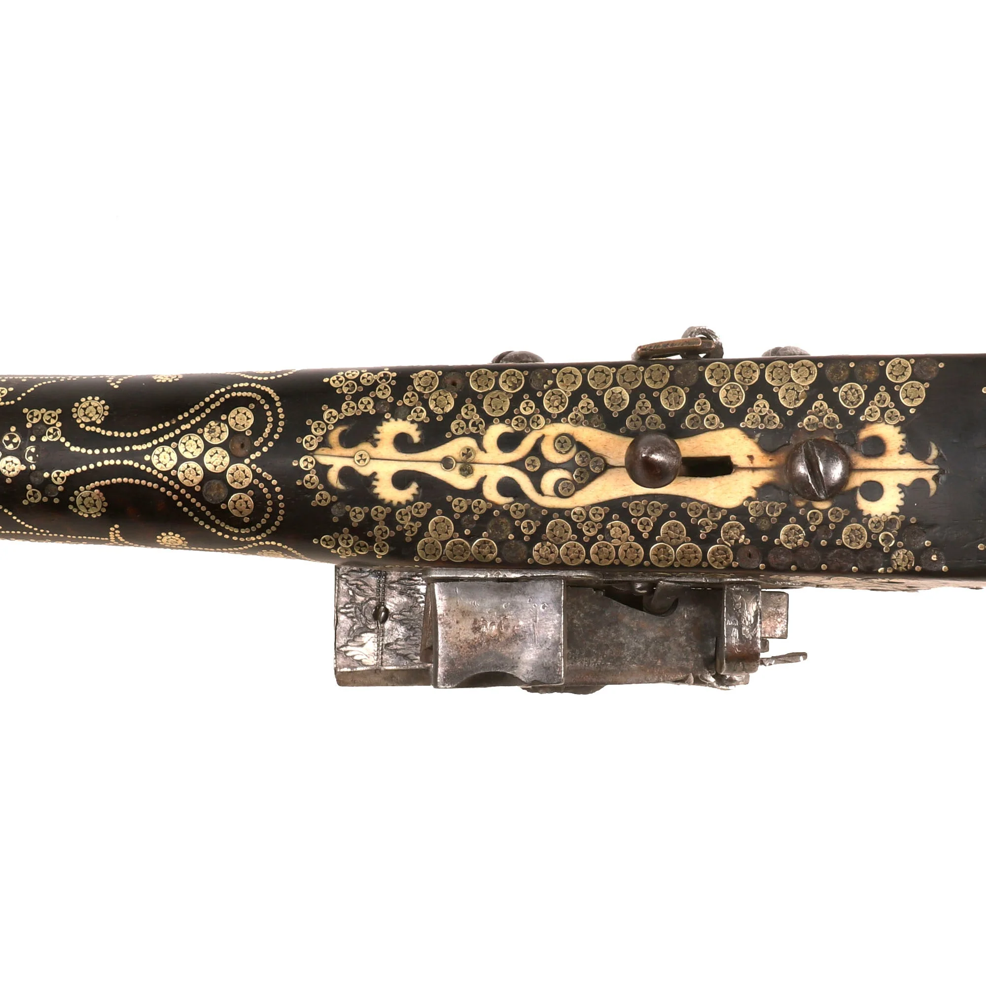 Original Ottoman Empire Brass and Bone Miquelet Lock Rifled Shishana Carbine with Silver Decorations and Ball Trigger - circa 1800 - Image 13