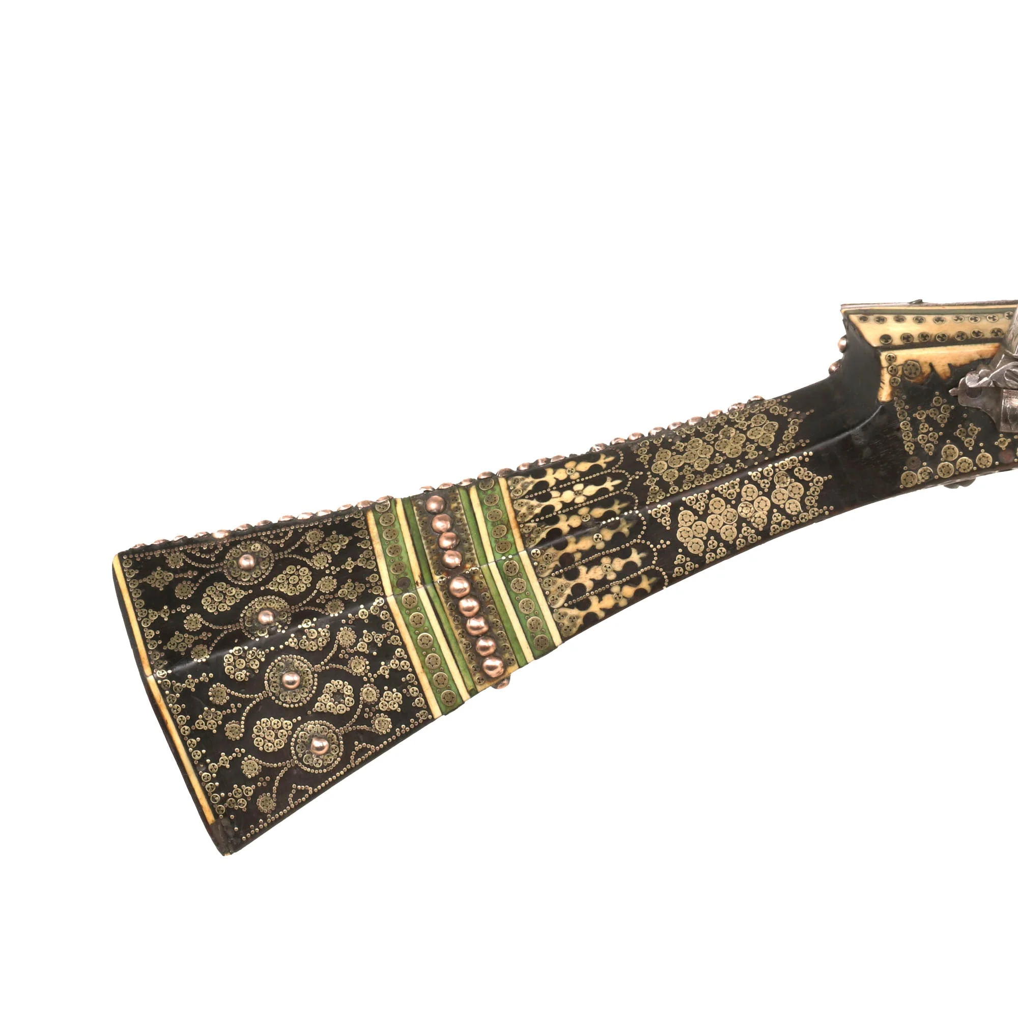 Original Ottoman Empire Brass and Bone Miquelet Lock Rifled Shishana Carbine with Silver Decorations and Ball Trigger - circa 1800 - Image 8