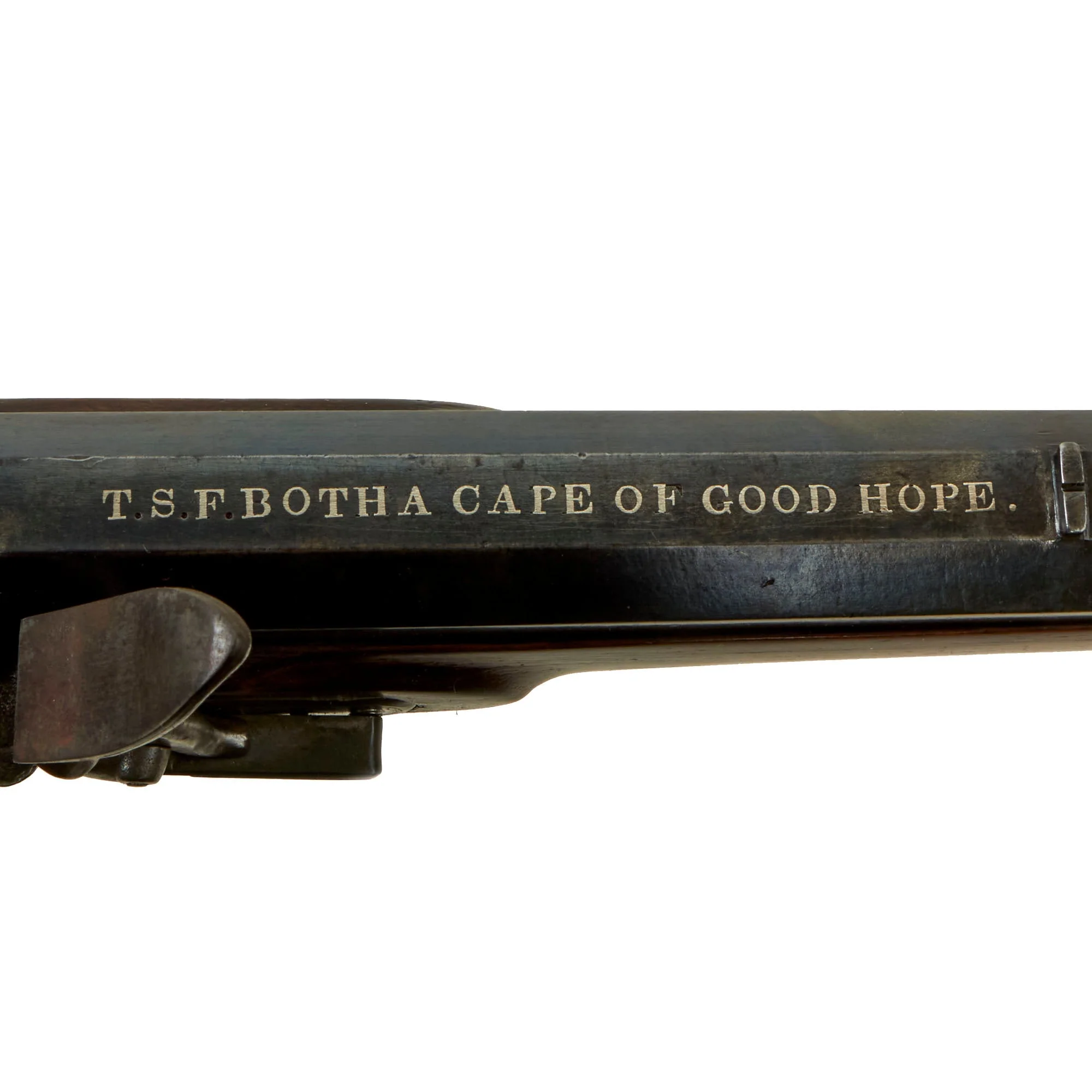 Original South African 12 Bore Silver Mounted Flintlock Big Game Rifle by J.S.F. Botha with Bobbejaanboud Stock - Circa 1840 - Image 3