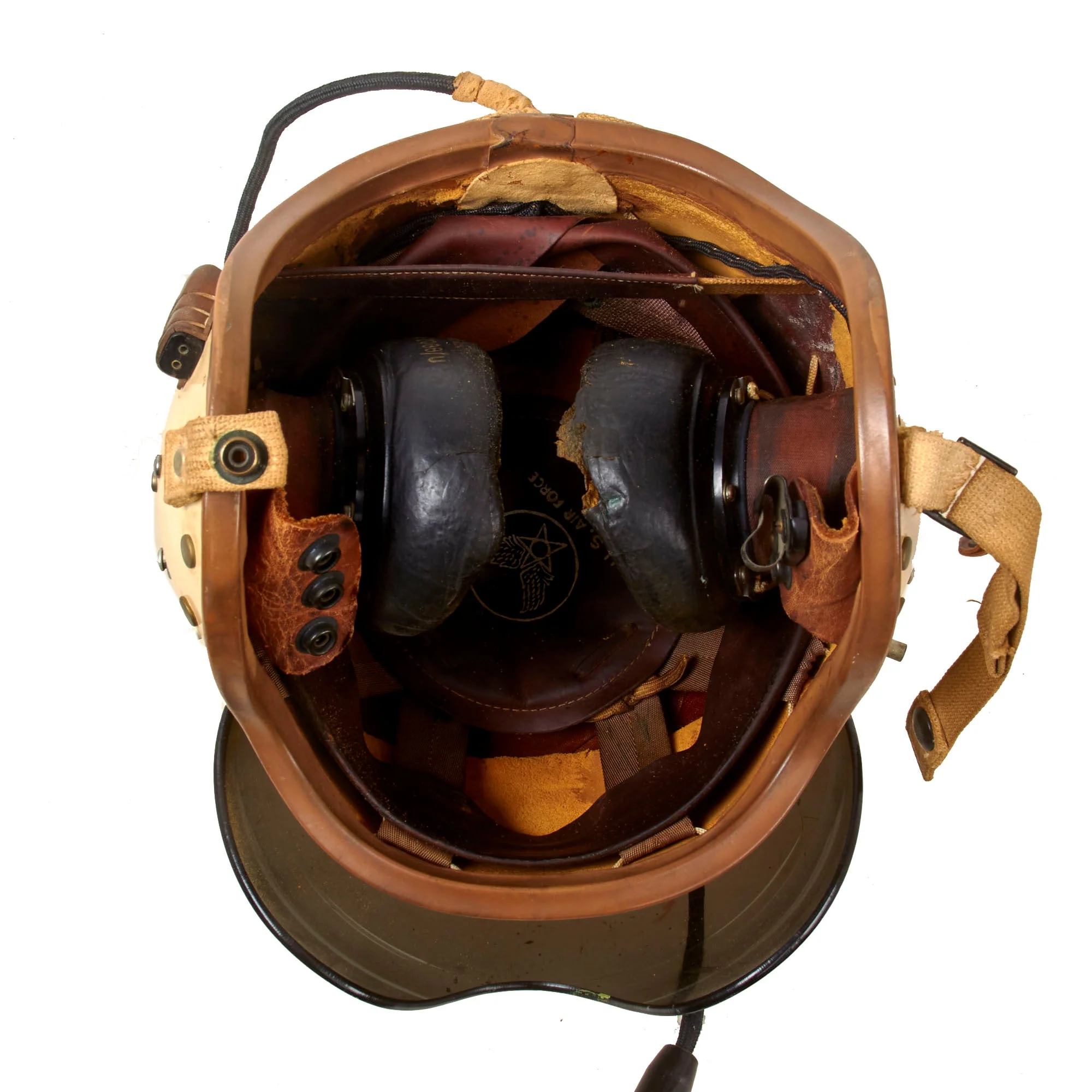 Original U.S. Cold War Named Air Force Selby Shoe Co. P-4 Flying Helmet with Tinted Visor & USAF Decal - Perrelli - Image 9