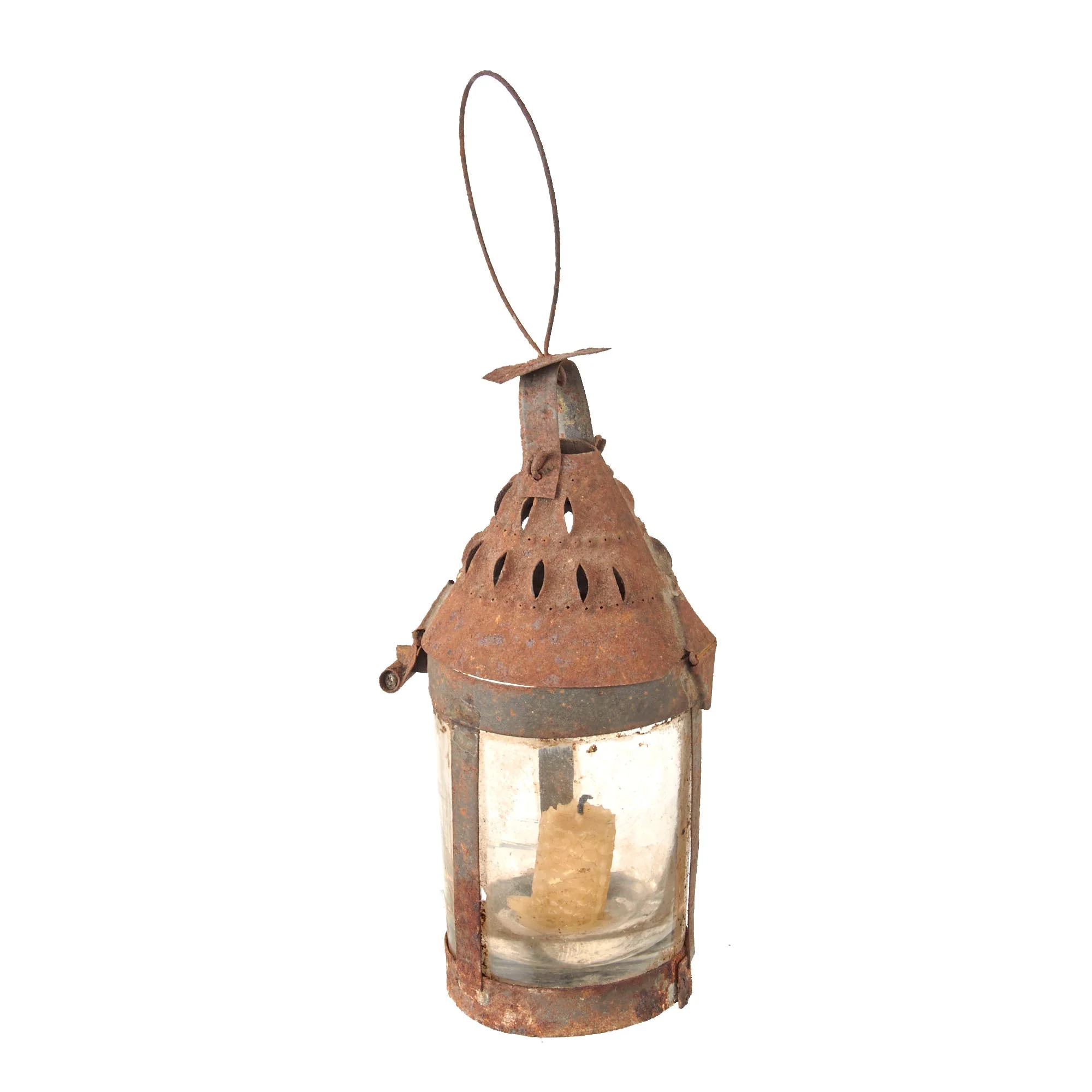 Original U.S. Colonial Revolutionary War Era Punched Tin Lantern with Blown Glass Lense & Retained Candle - Image 7