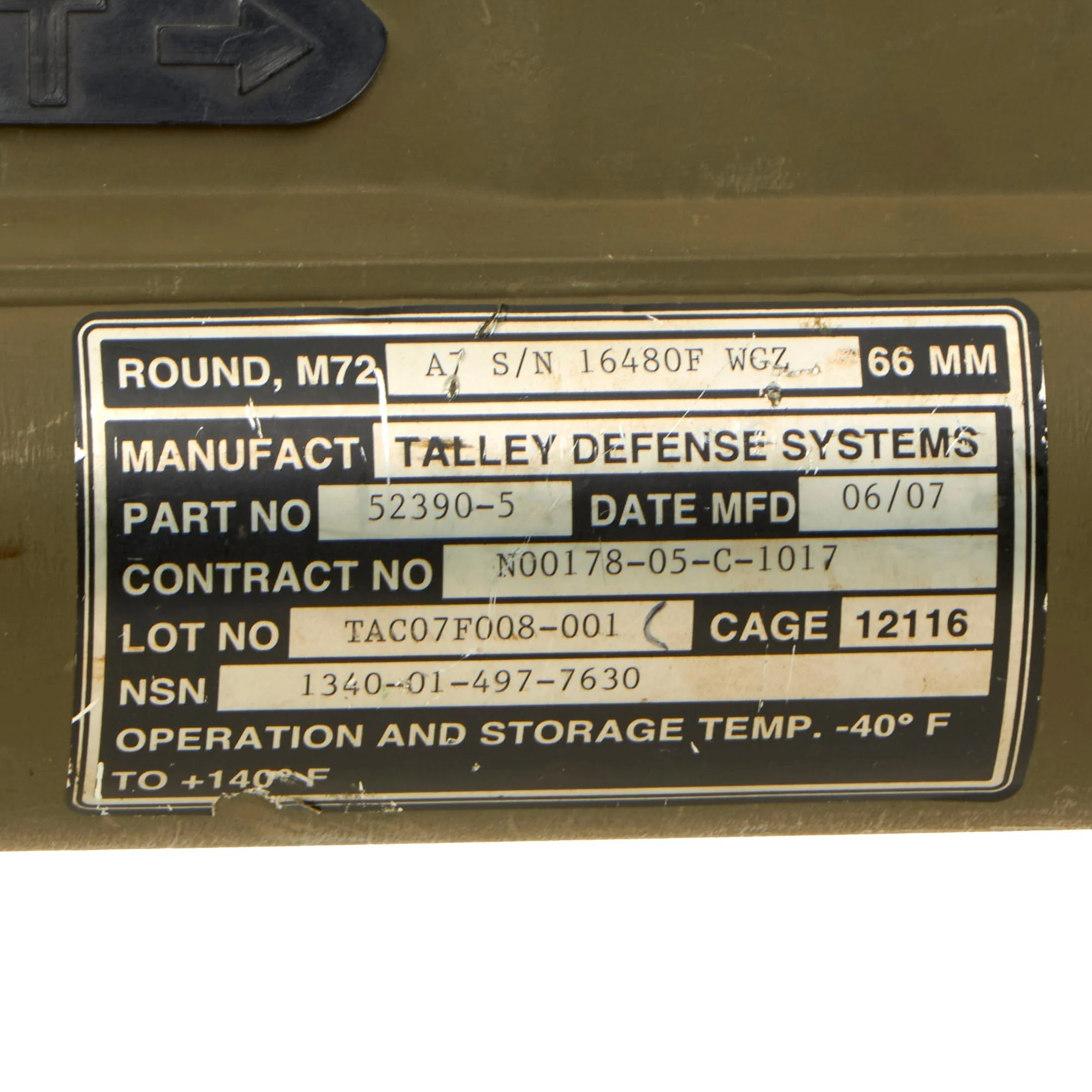Original U.S. Global War on Terror INERT M72A7 Light Anti-Tank Weapon LAW Rocket Propelled Grenade Launcher With Picatinny Rail and Sling Assembly - Dated 2007 - Image 6