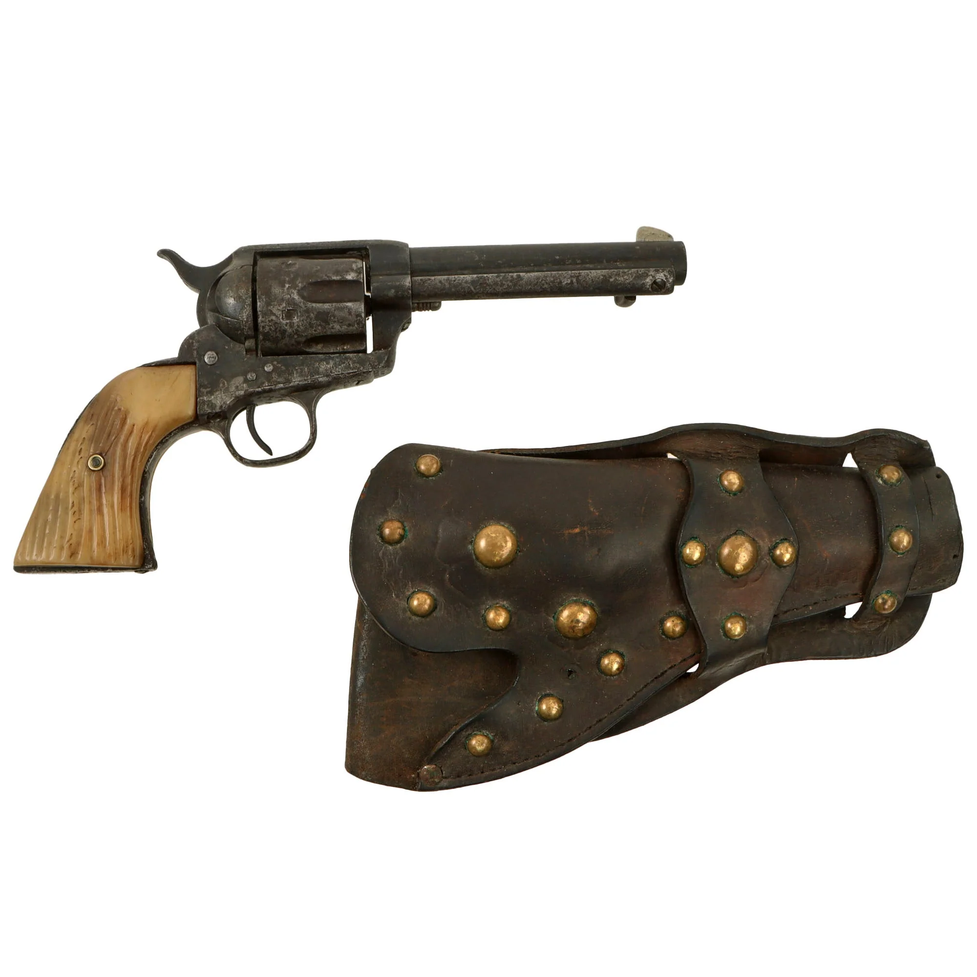 Original U.S. Surcharged Colt .45cal Single Action Army SAA Revolver Made in 1890 with 5" Barrel, Carved Bone Grips, and Tooled Leather Holster - Matching Serial 132684 - Image 2