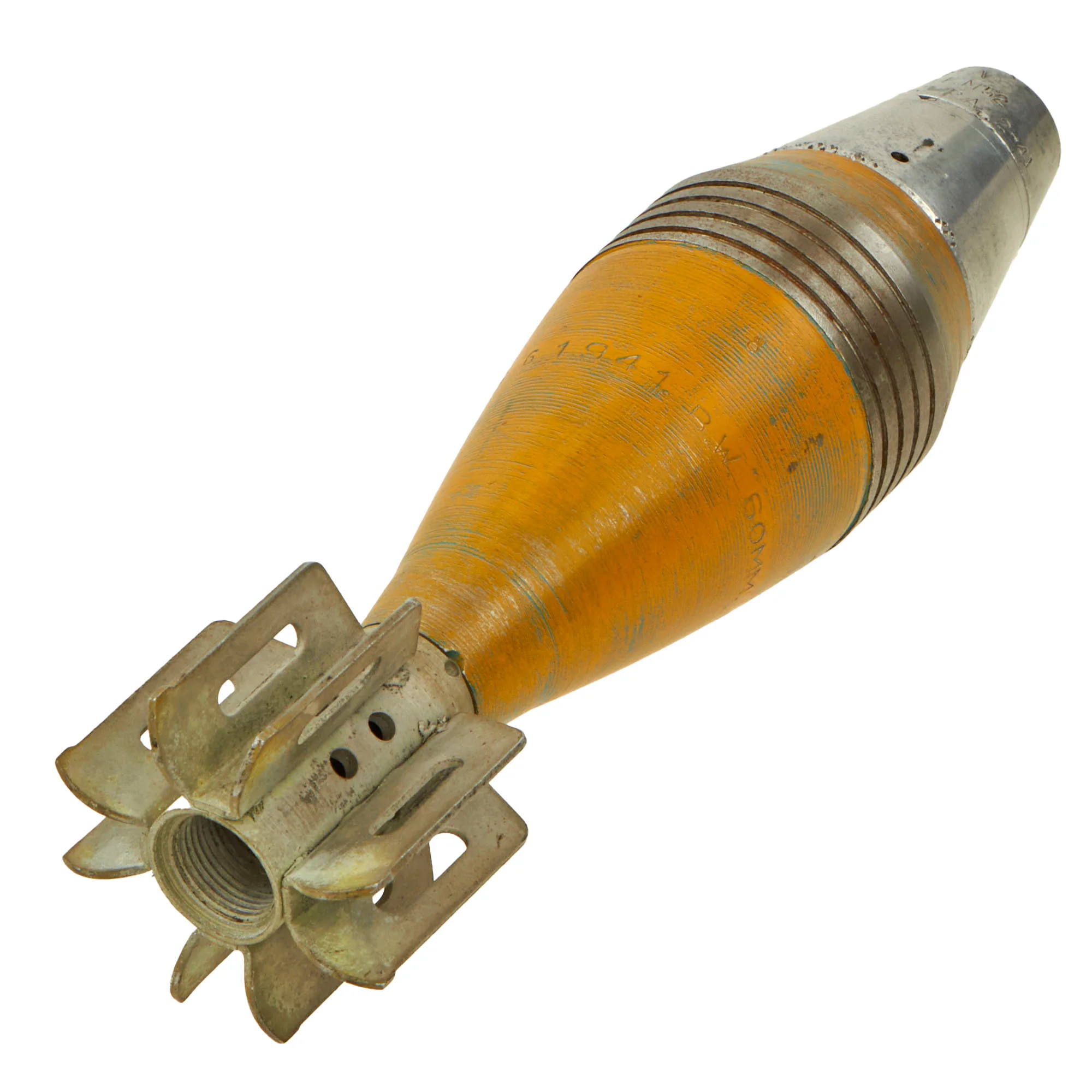 Original U.S. WWII 1941-Dated M49A2 60mm Deactivated Practice Mortar Round with 1941-Dated Fuse and Later-Added Yellow Paint - Inert - Image 2