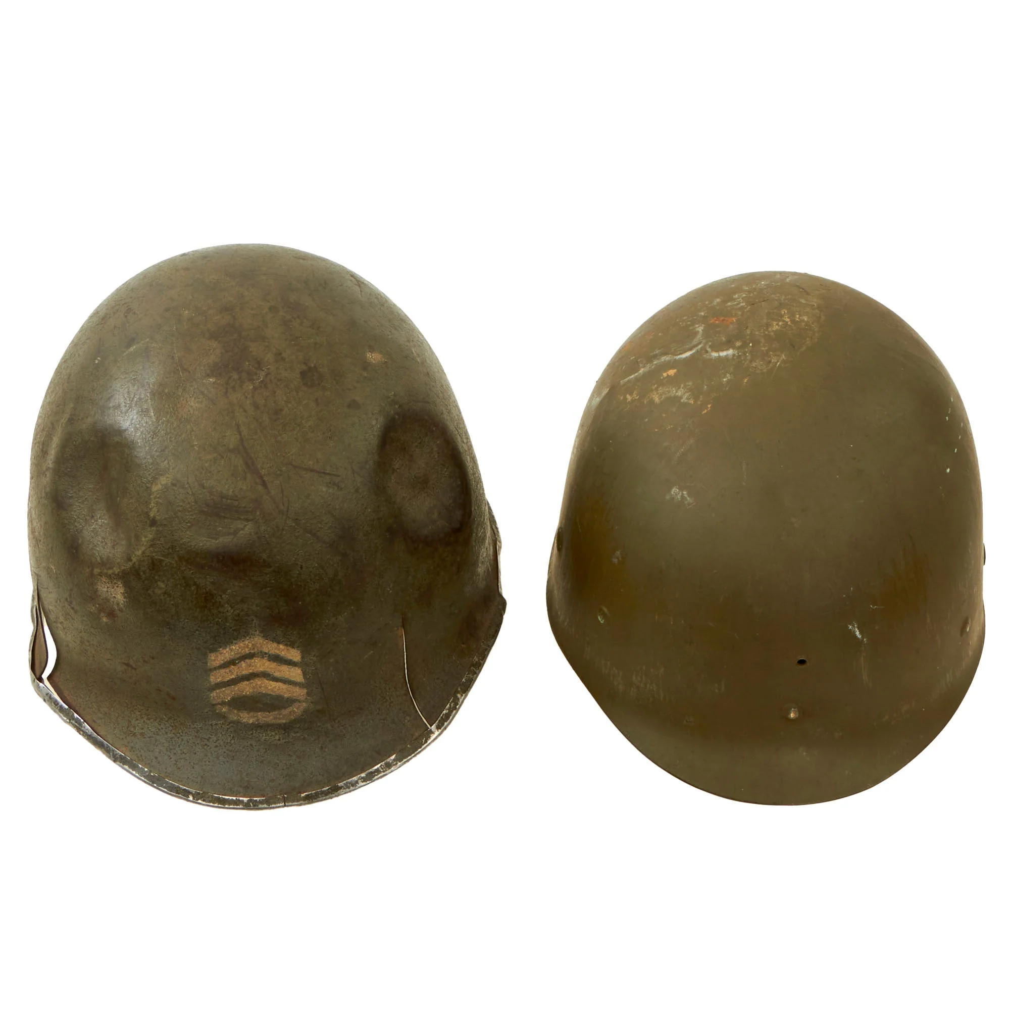 Original U.S. WWII 1942 26th Infantry Division “Barn Find” M1 McCord Front Seam Fixed Bale Helmet with Shell Inscriptions & MSA Liner - Staff Sergeant Painted - Image 2