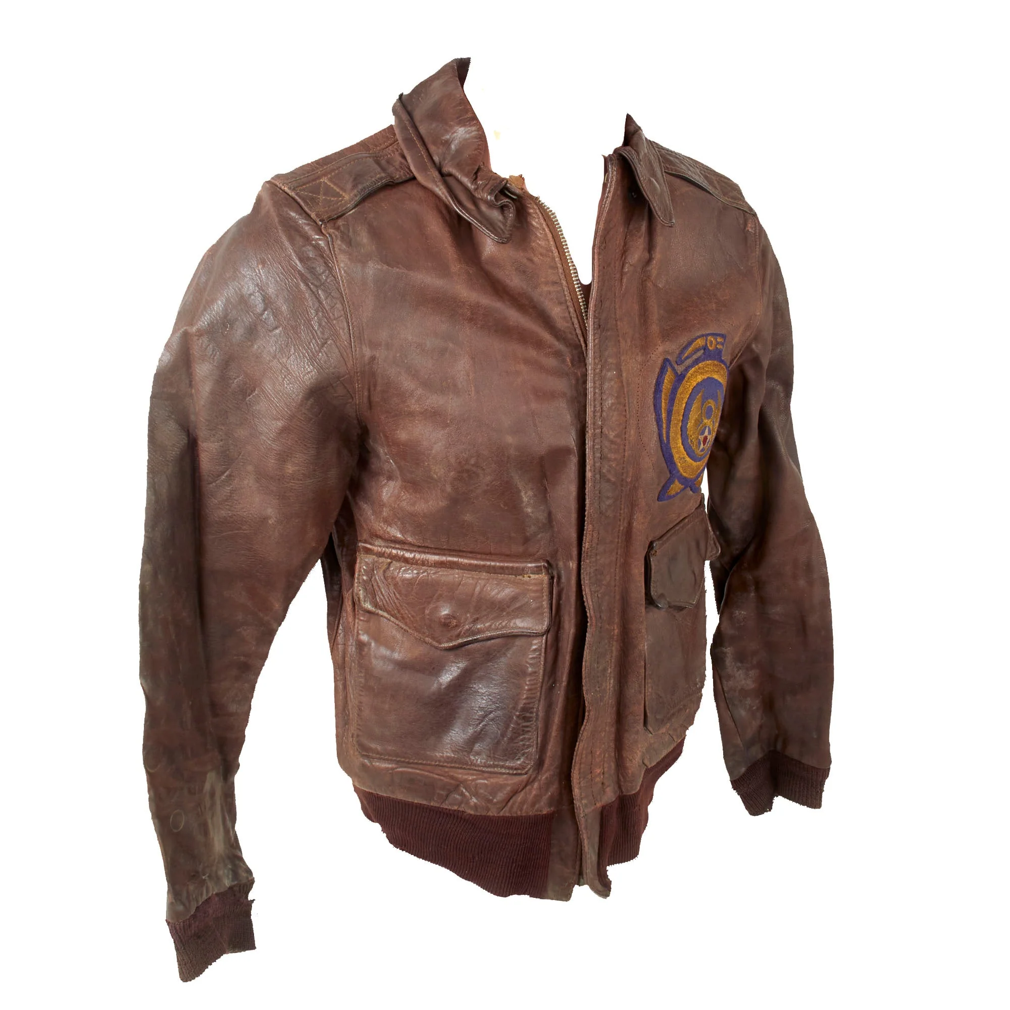 Original U.S. WWII 1st Reconnaissance Squadron or 391st Bomb Squadron Patched A2 Flight Jacket with 8th Air Force Patch Over 391st Bomb Squadron Patch - Period Applied Insignia - Image 3