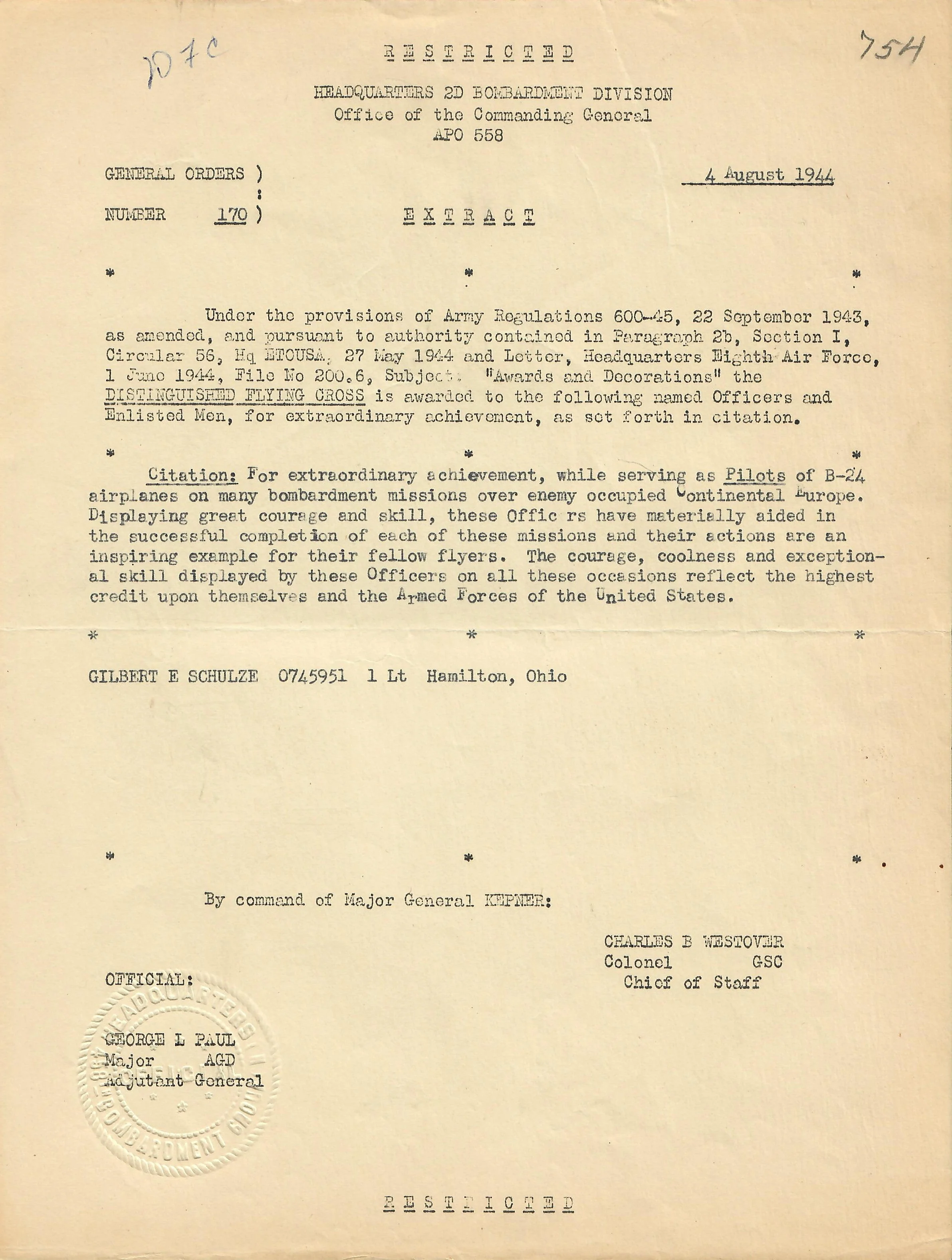 Original U.S. WWII 458th Bomb Group Distinguished Flying Cross Recipient B-24 Pilot Captain Gilbert Schulze’s Uniform, Flight Helmet, & Extensive Document Grouping with Several Binders of Maps, Flight Logs, & Award Documents - Image 26