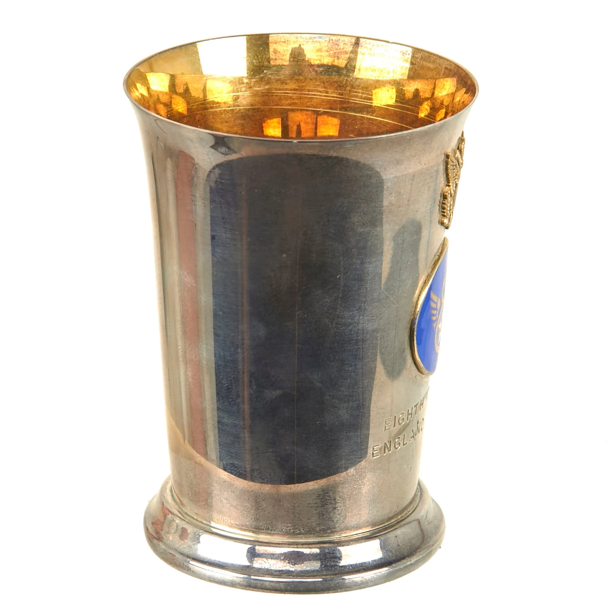 Original U.S. WWII 8th Air Force Silver Presentation Cup with British Hallmarks for 1943 in Original Embossed Silk & Velvet Lined Case - Image 10