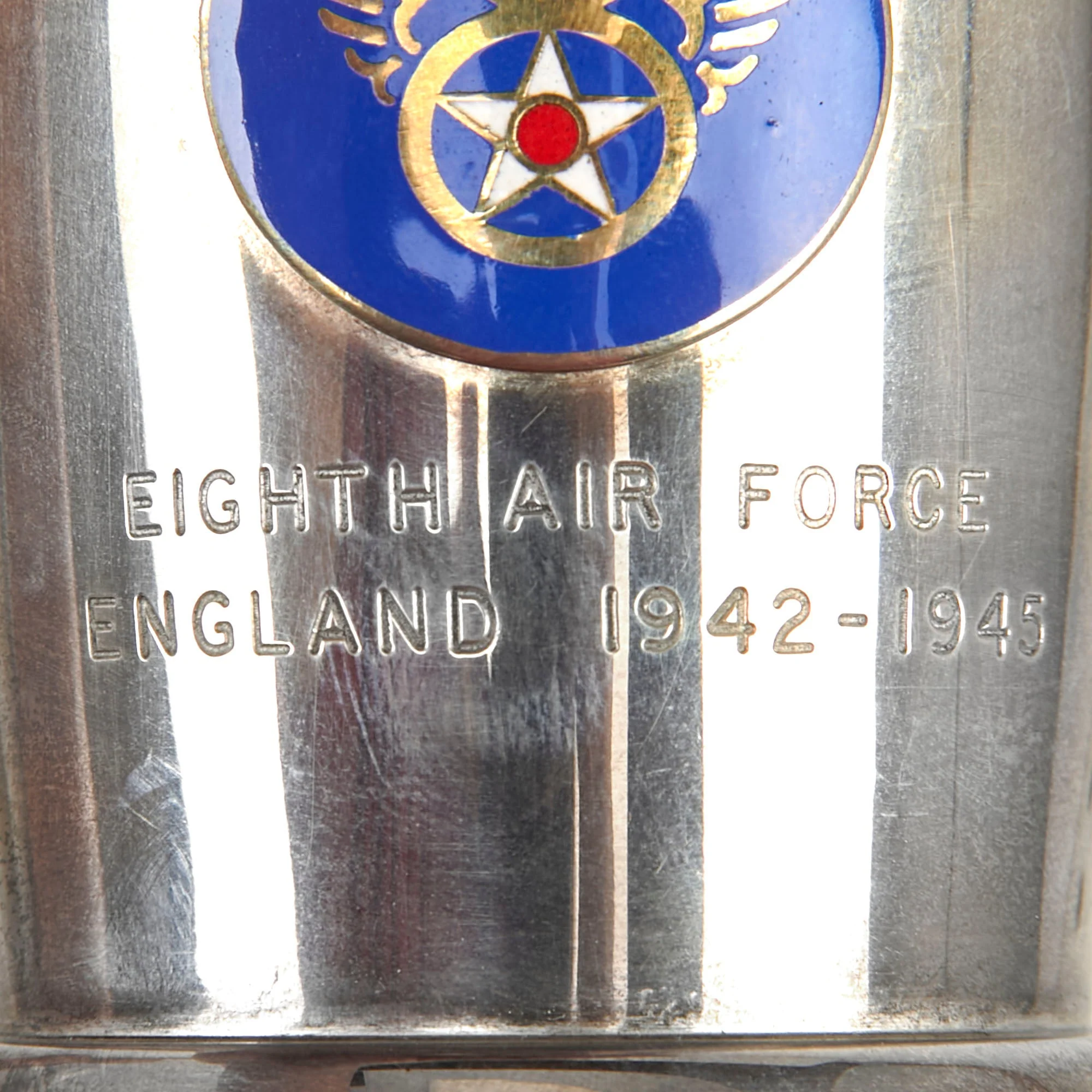 Original U.S. WWII 8th Air Force Silver Presentation Cup with British Hallmarks for 1943 in Original Embossed Silk & Velvet Lined Case - Image 4
