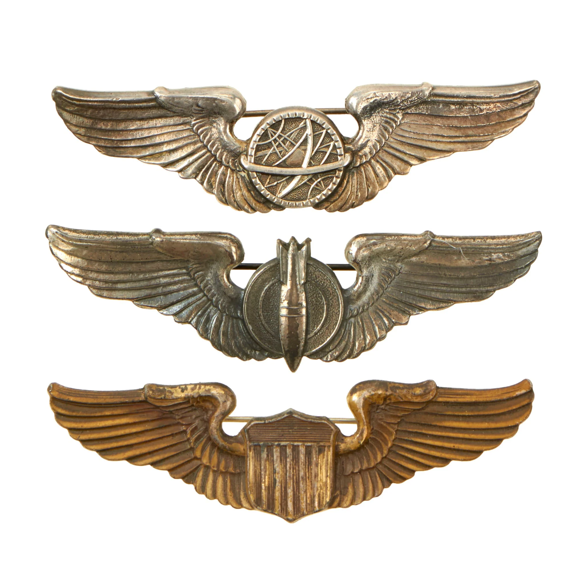Original U.S. WWII Army Air Force USAAF Set of 3 Maker-Marked Aviator Pilot, Navigator, and Bombardier Wings by American Emblem Co. & Amcraft - Sterling Silver