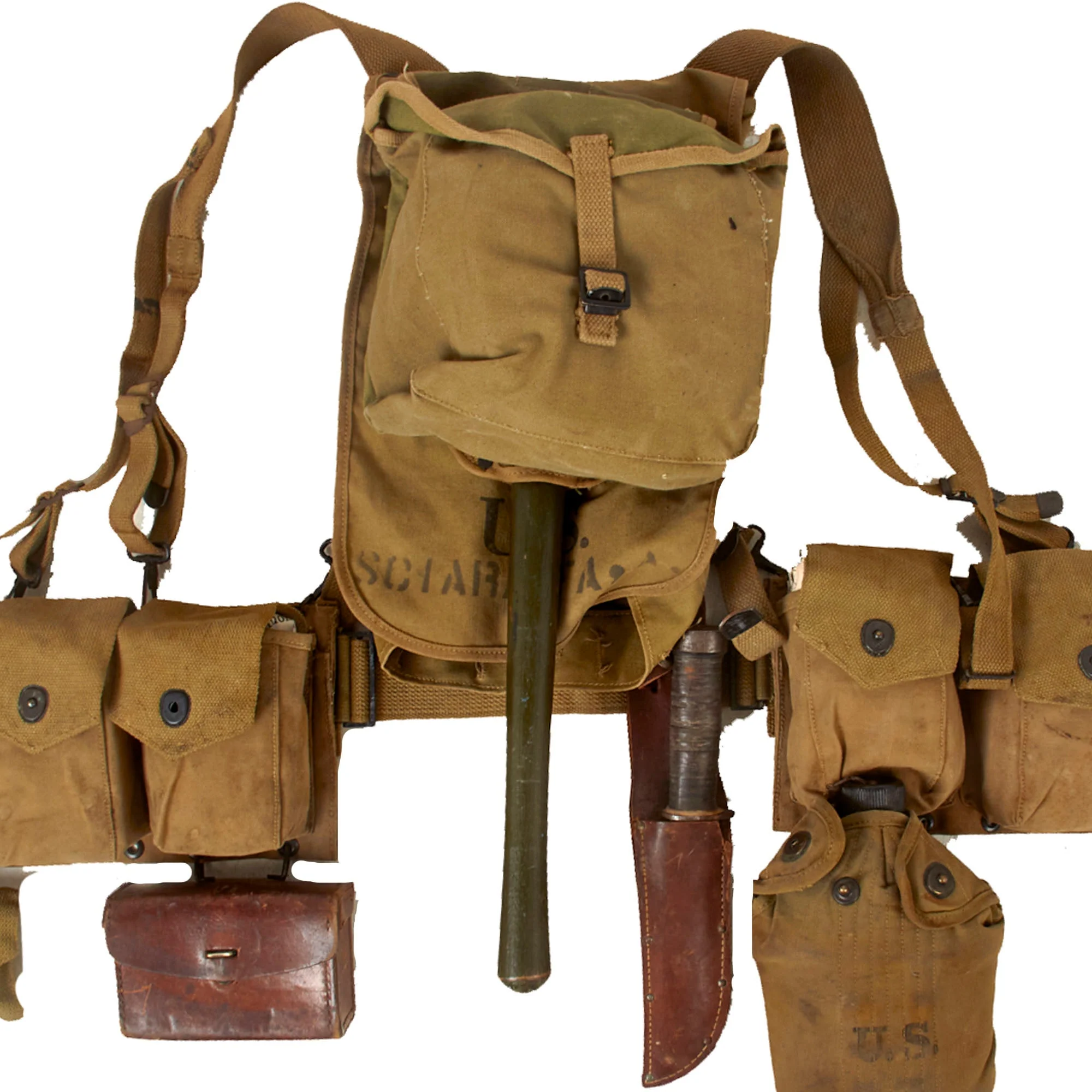 Original U.S. WWII BAR Gunner’s M1928 Field Pack Haversack Grouping With M1918 BAR M1942 Ammunition Belt Rig & Magazines - Featuring Cattaraugus 225Q “Commando” Fighting Knife and First Aid Pouch With Carlisle Bandage - Image 20