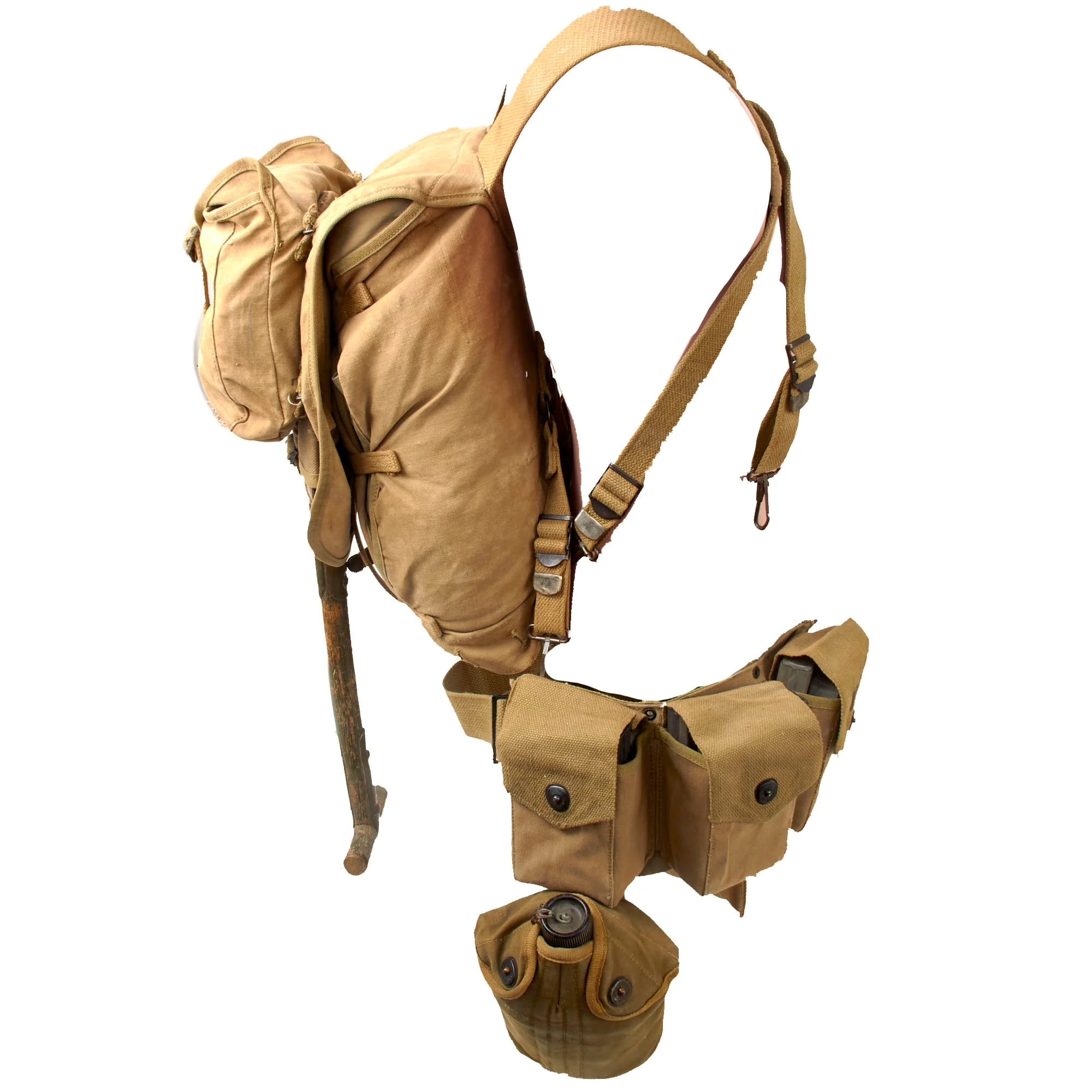 Original U.S. WWII BAR Gunner’s M1928 Field Pack Haversack Grouping With M1918 BAR M1942 Ammunition Belt Rig & Twelve Magazines with Dummy Rounds - British-Made First Aid Pouch with Carlisle Bandage & Canteen Set - Image 16