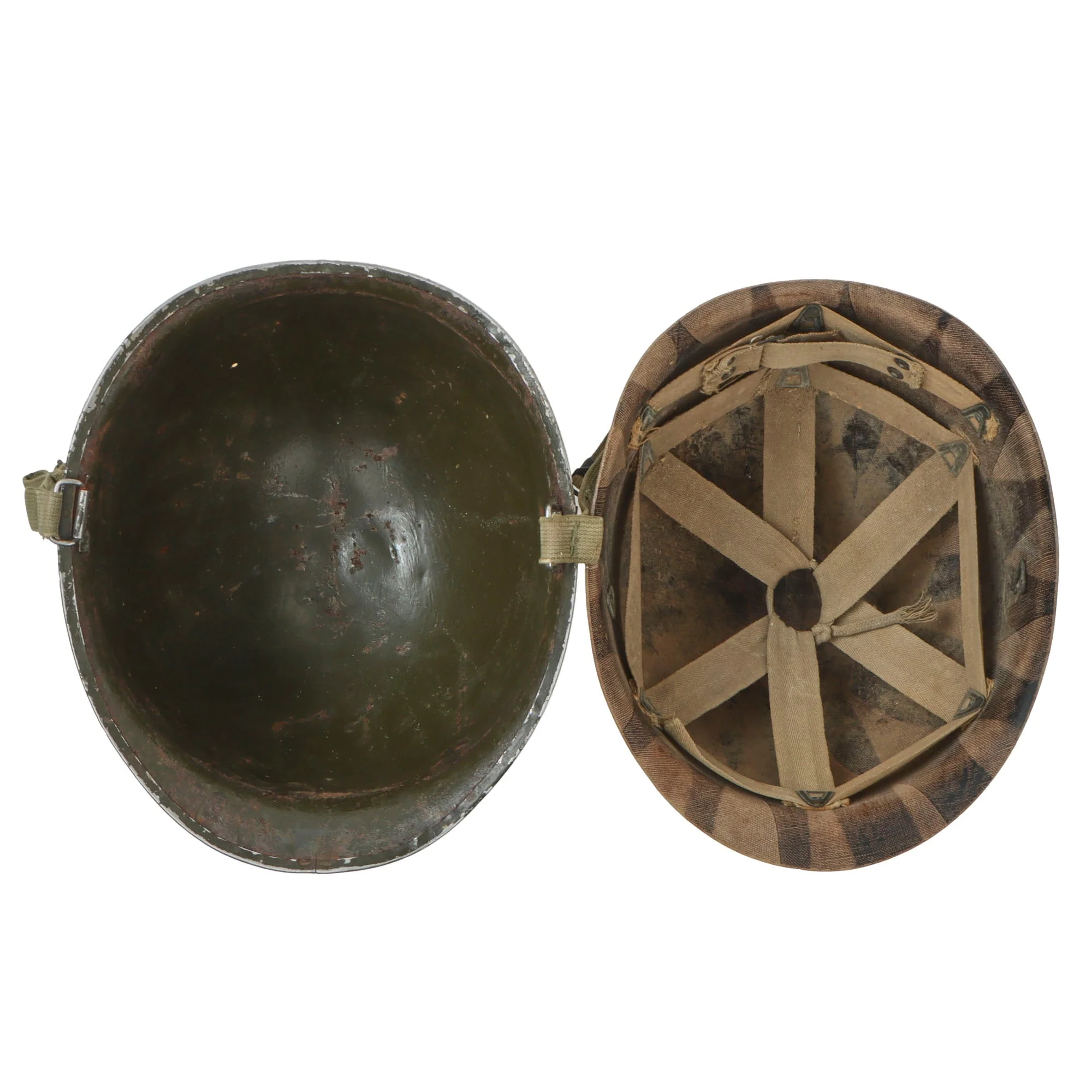 Original U.S. WWII Front Seam Swivel Bale M1 Helmet with CAPAC Liner - Replicated 4-Panel Medic Paint - Image 6