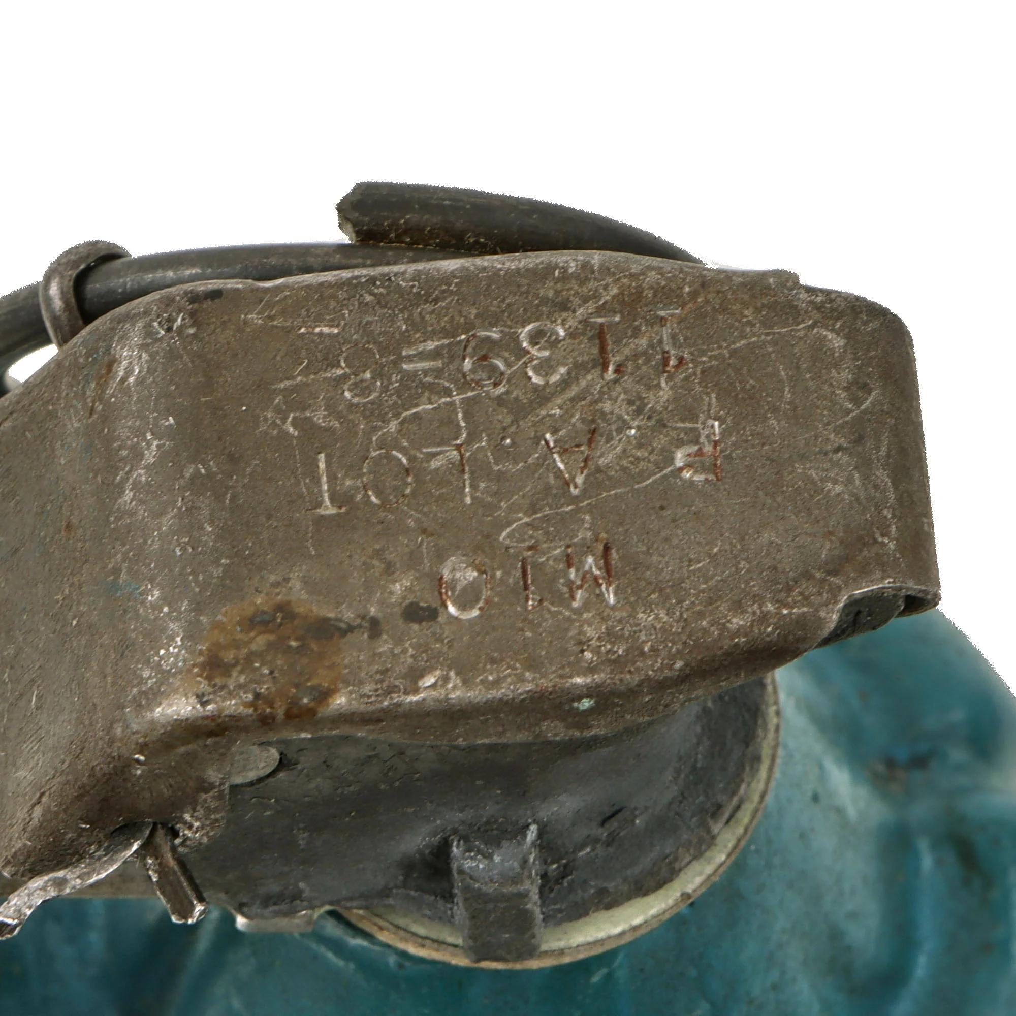 Original U.S. WWII M21 Inert Practice Pineapple Fragmentation Training Hand Grenade with Early Cutback M10 Fuze and Original Correct Husk - Dated 1939 - Image 5