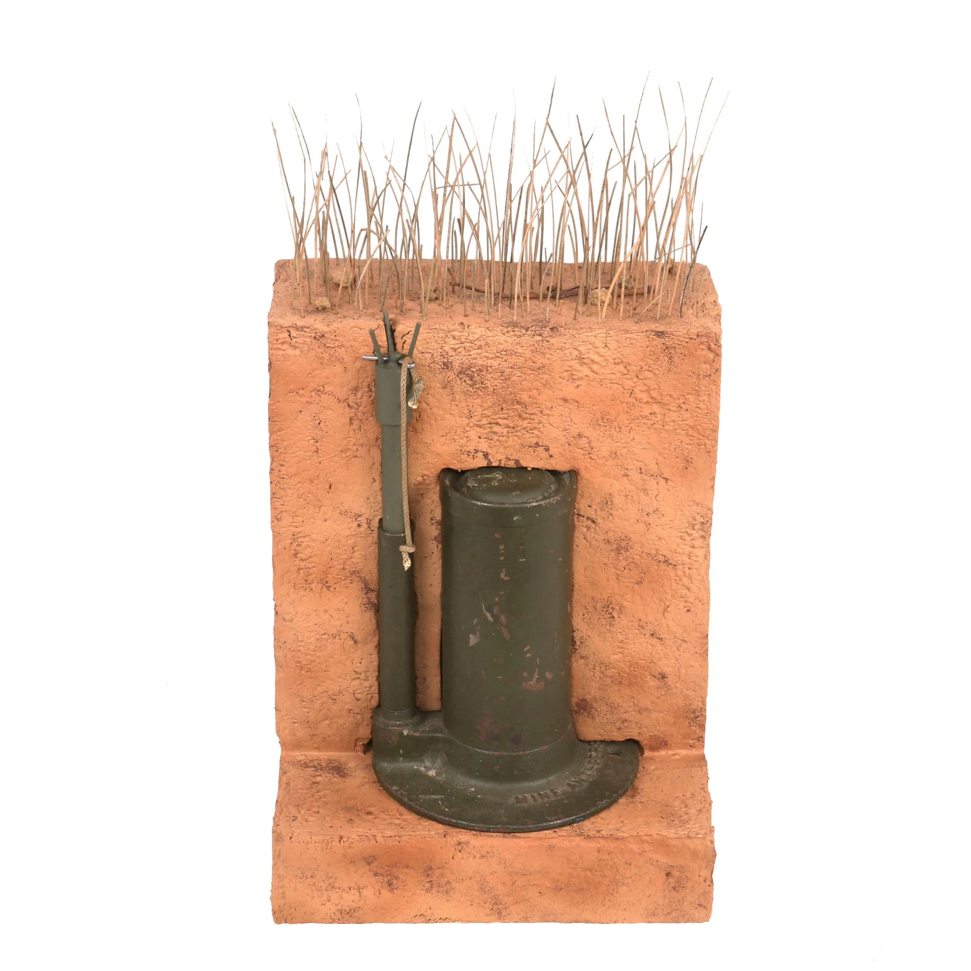 Original U.S. WWII M2A4 Bounding Anti-Personnel Mine With M6A1 Pressure/Pull Fuse - INERT Earth Cutaway EOD Visual Training Aid - Image 4