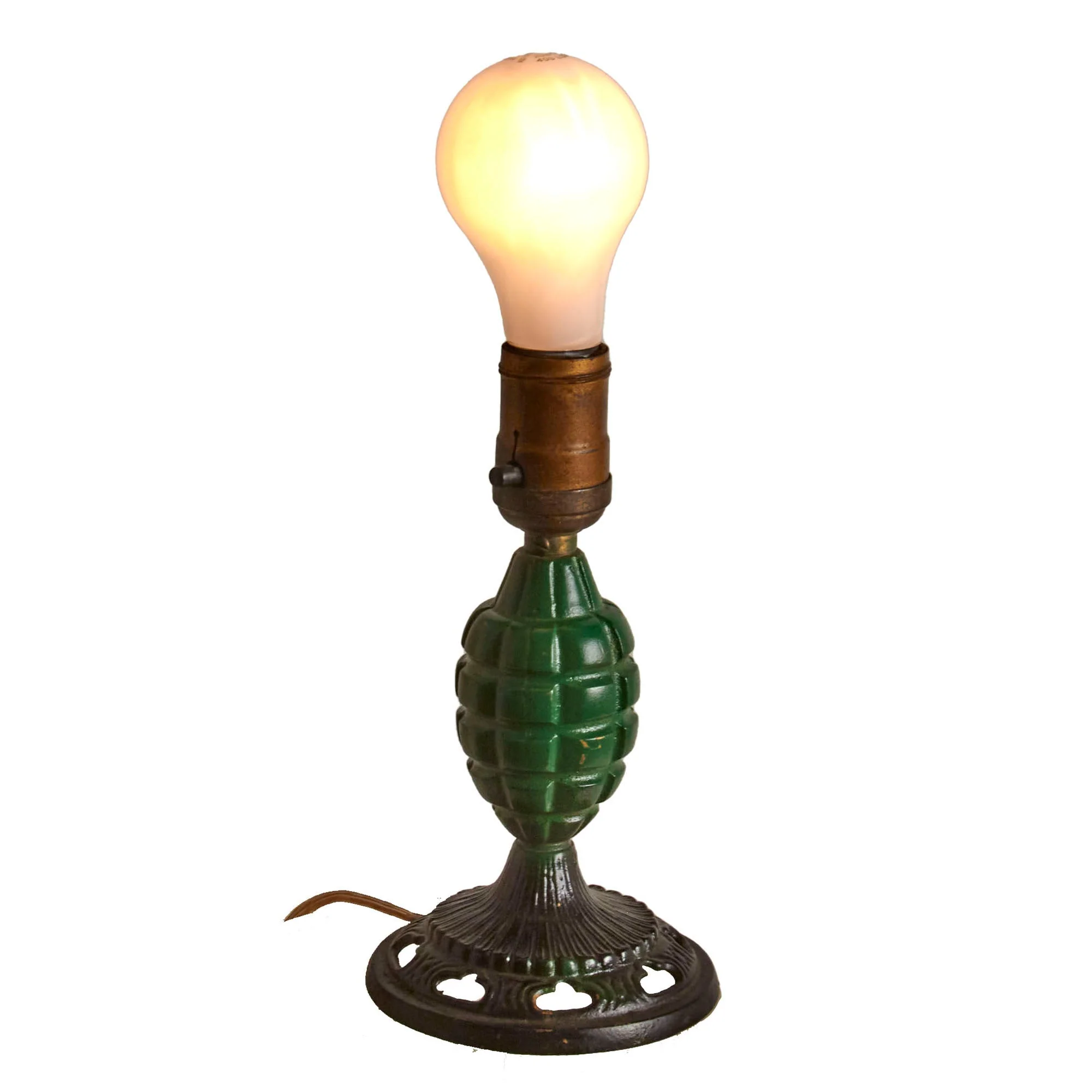 Original U.S. WWII Mk. II Grenade Body Trench Art Lamp with Cast Iron Base - Functional