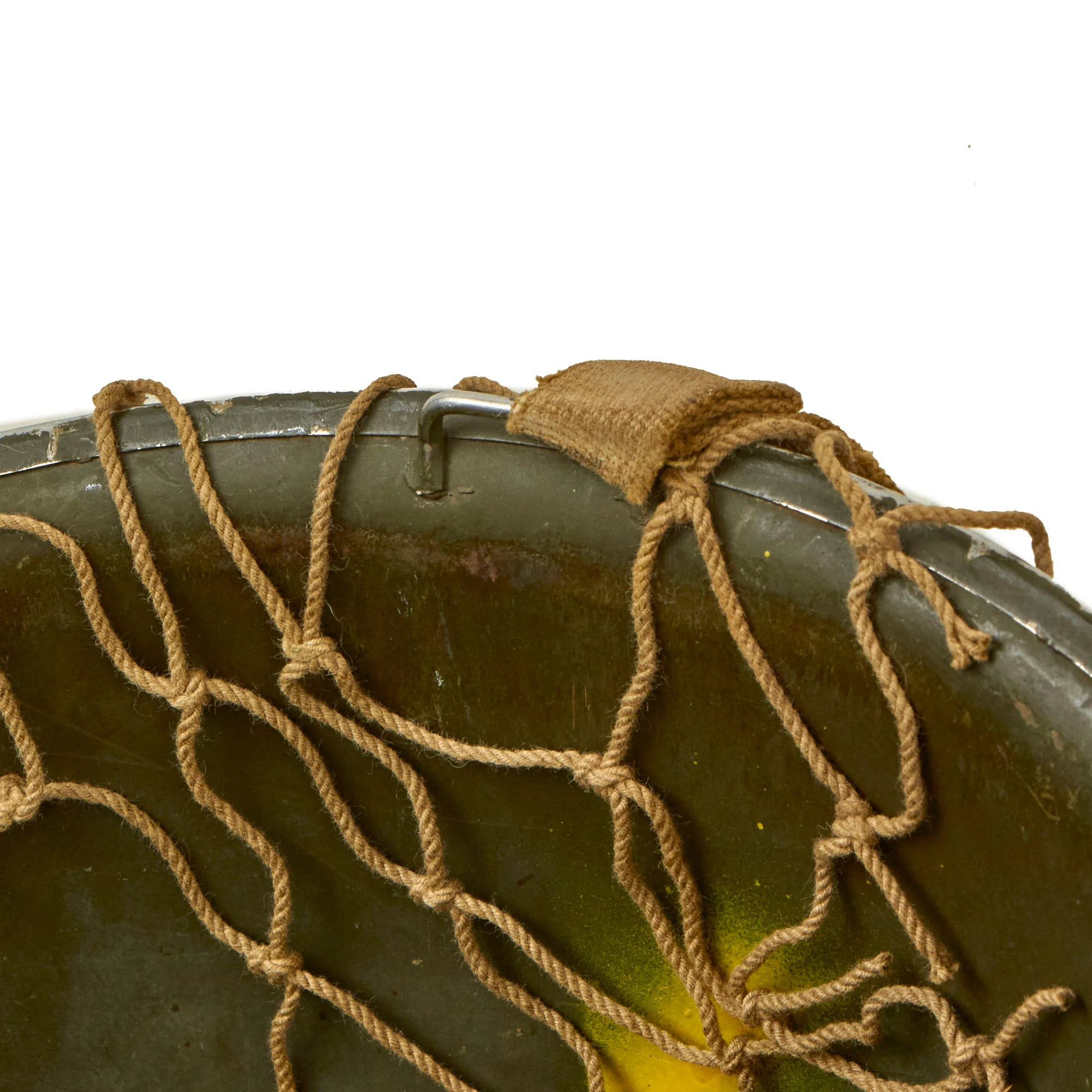 Original U.S. WWII Named M1 Front Seam Fixed Bale Helmet with Westinghouse Liner & Helmet Net - Early War “Flat Buckle” Liner Chinstrap - Image 11