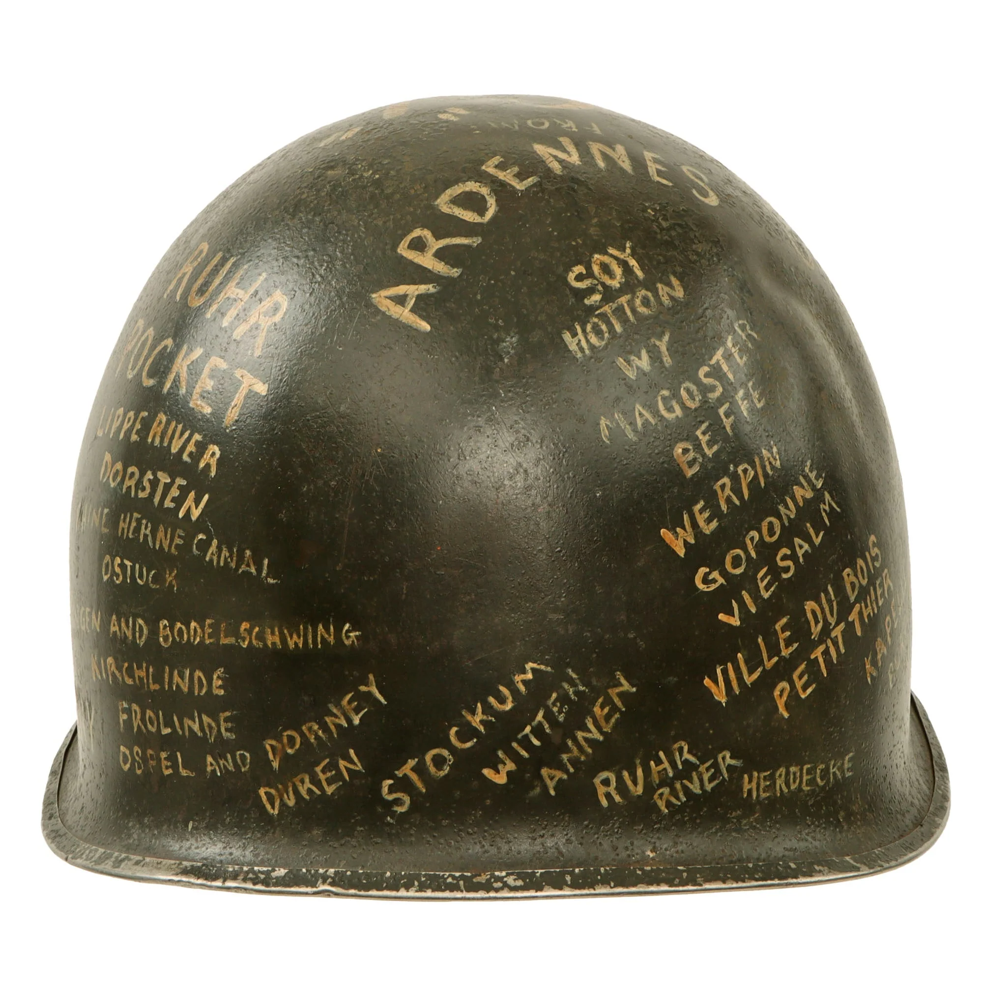 Original U.S. WWII Outstanding Painted 75th Infantry Division Front Seam Swivel Bale McCord M1 Helmet Shell Presented by Co. L, 290th Infantry to Lieutenant Victor Katen with “Kilroy Was Here” & Key From S.S. Brazil - Bronze Star Recipient - Image 19